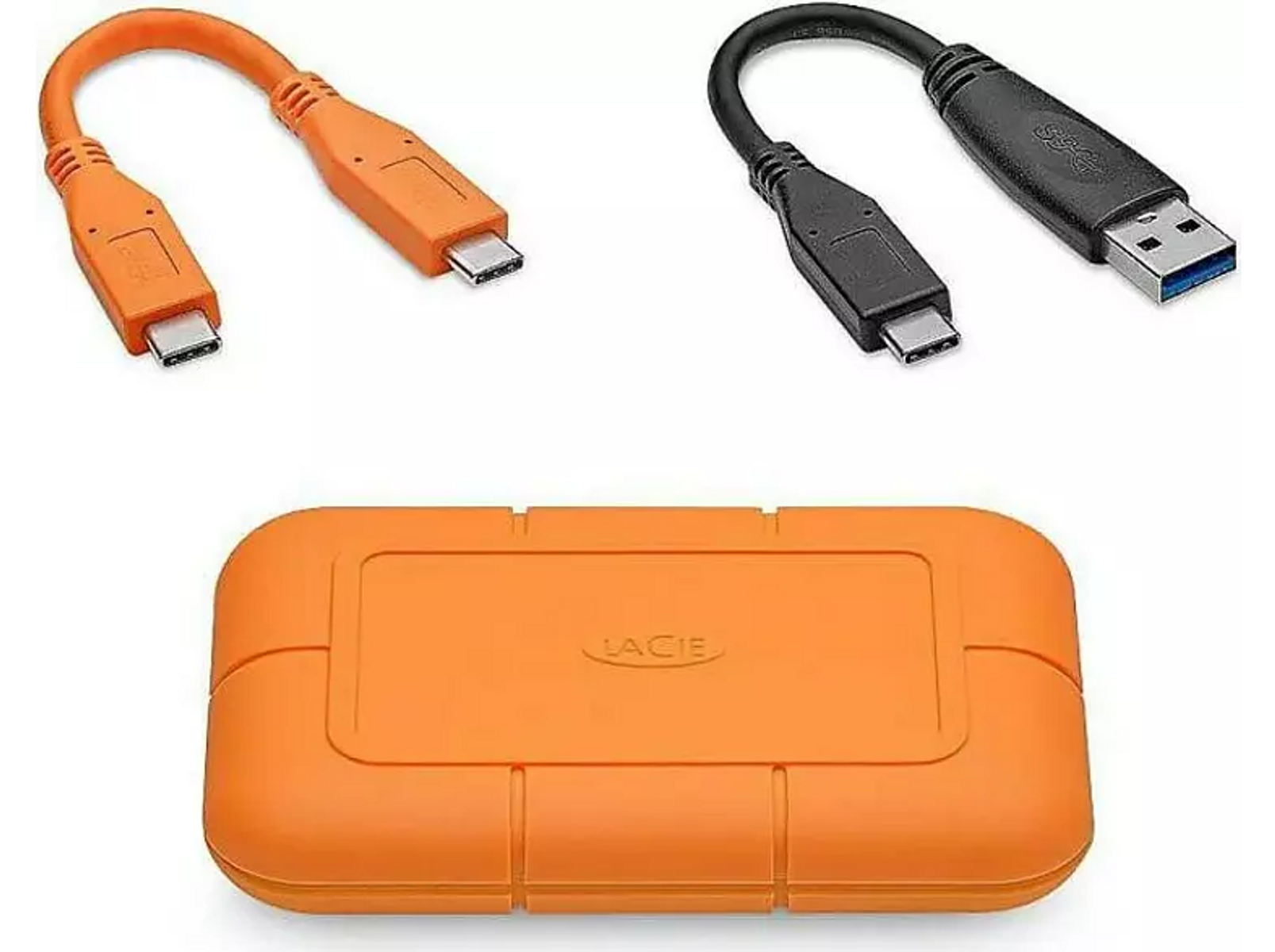 Pomarańczowe kable USB-C i czarny kabel USB ze złączem USB-C. Pomarańczowy, wytrzymały zewnętrzny dysk twardy.