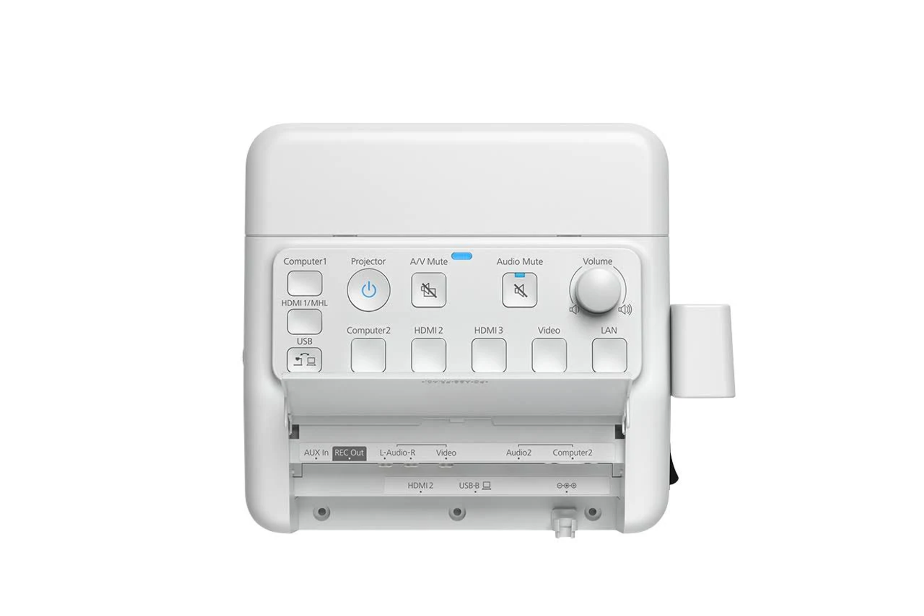 Un proyector blanco, con varios puertos de entrada visibles. Botones y una perilla de volumen están arriba.