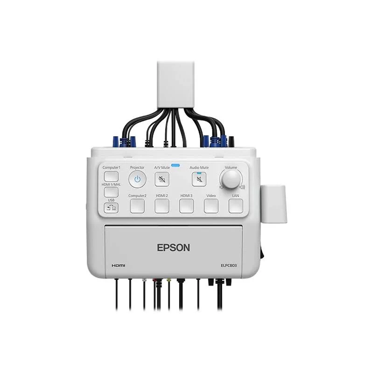 Dispositivo blanco con múltiples puertos y cables, con el logotipo de Epson. Fondo blanco.