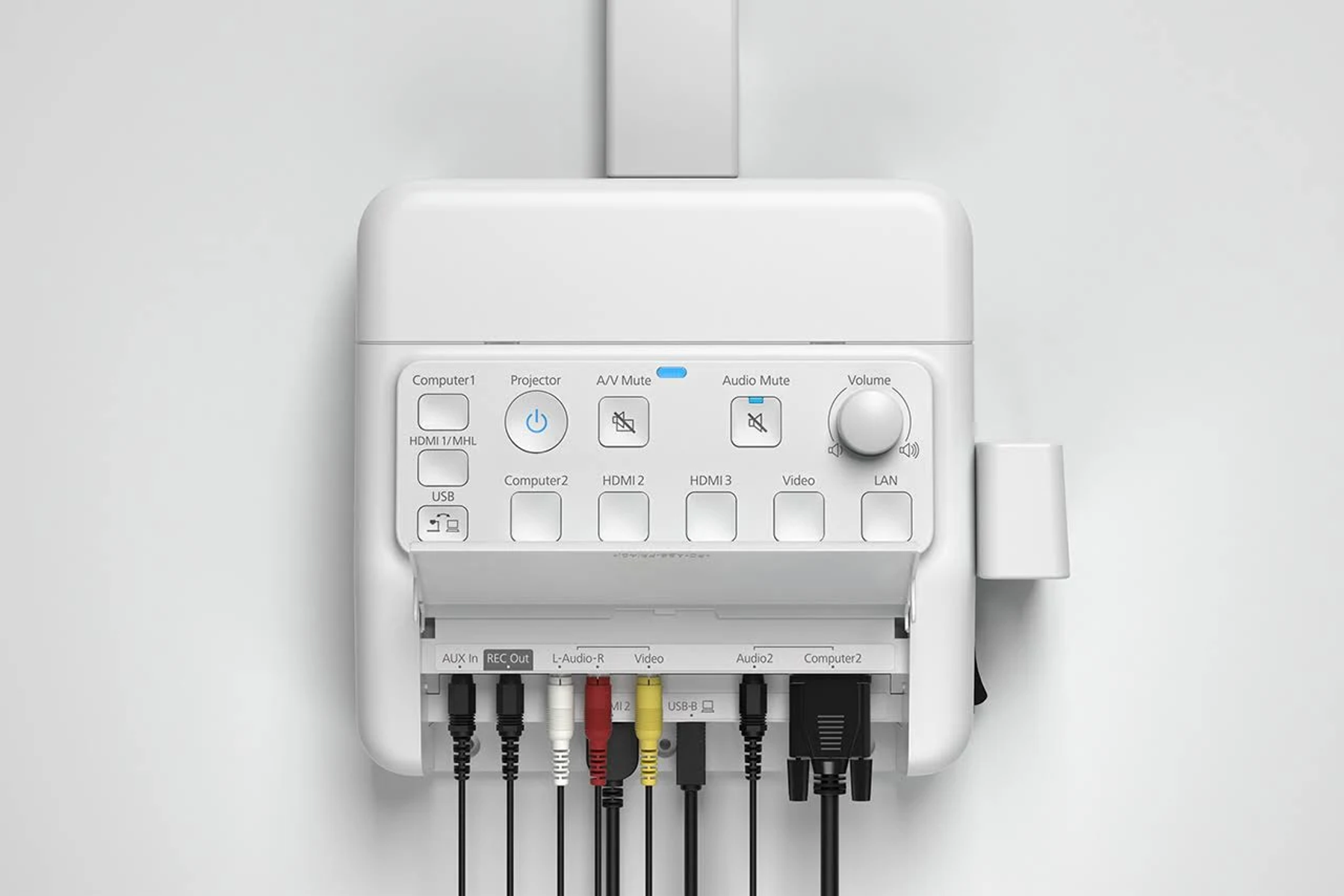 Dispositivo blanco con botones y conexiones. Cables enchufados, montado en la pared.