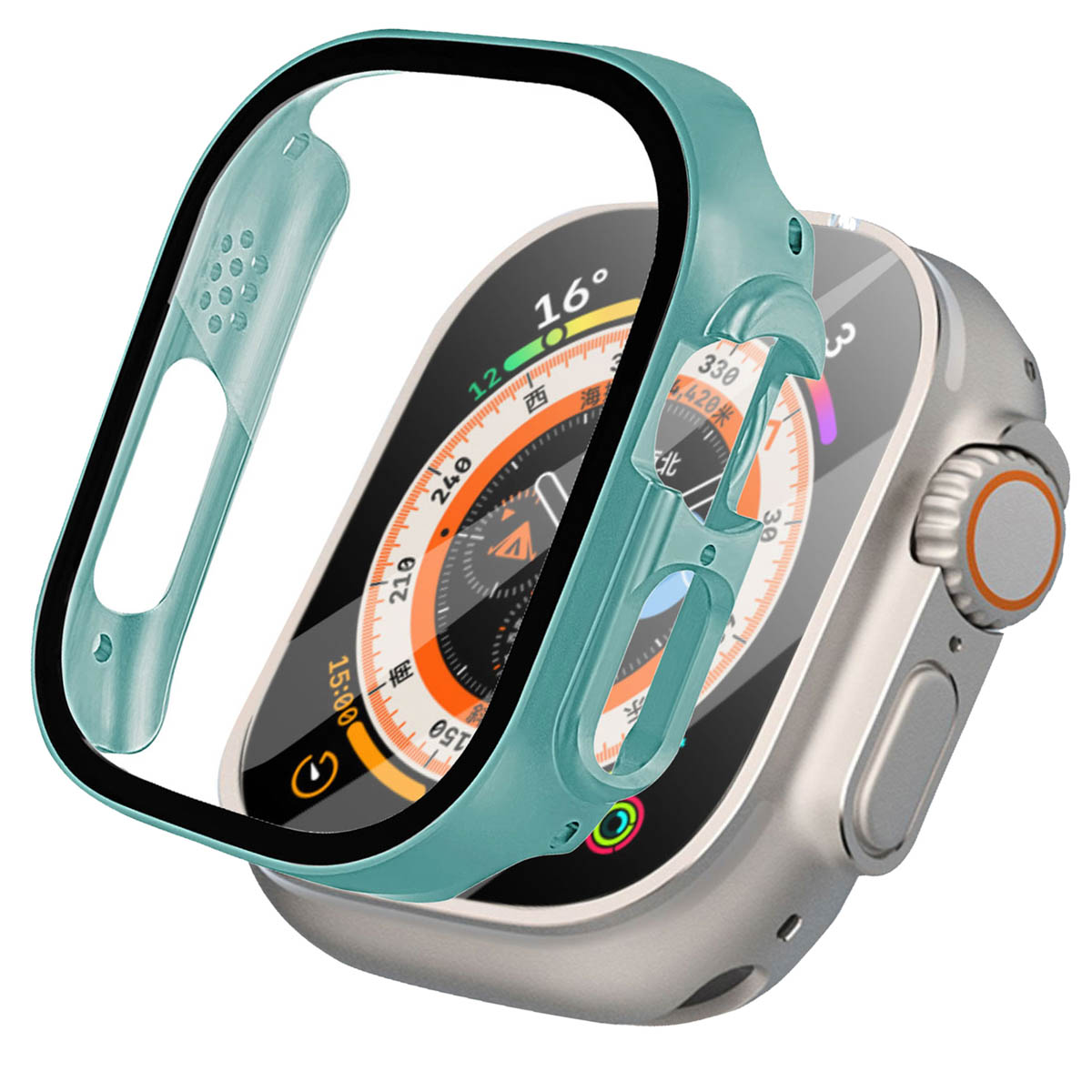 A teal-colored Apple Watch case and screen protector, with the watch face visible.