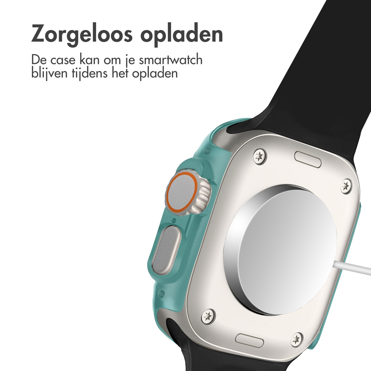Smartwatch on charger, close-up view of the watch's back and charging cable.