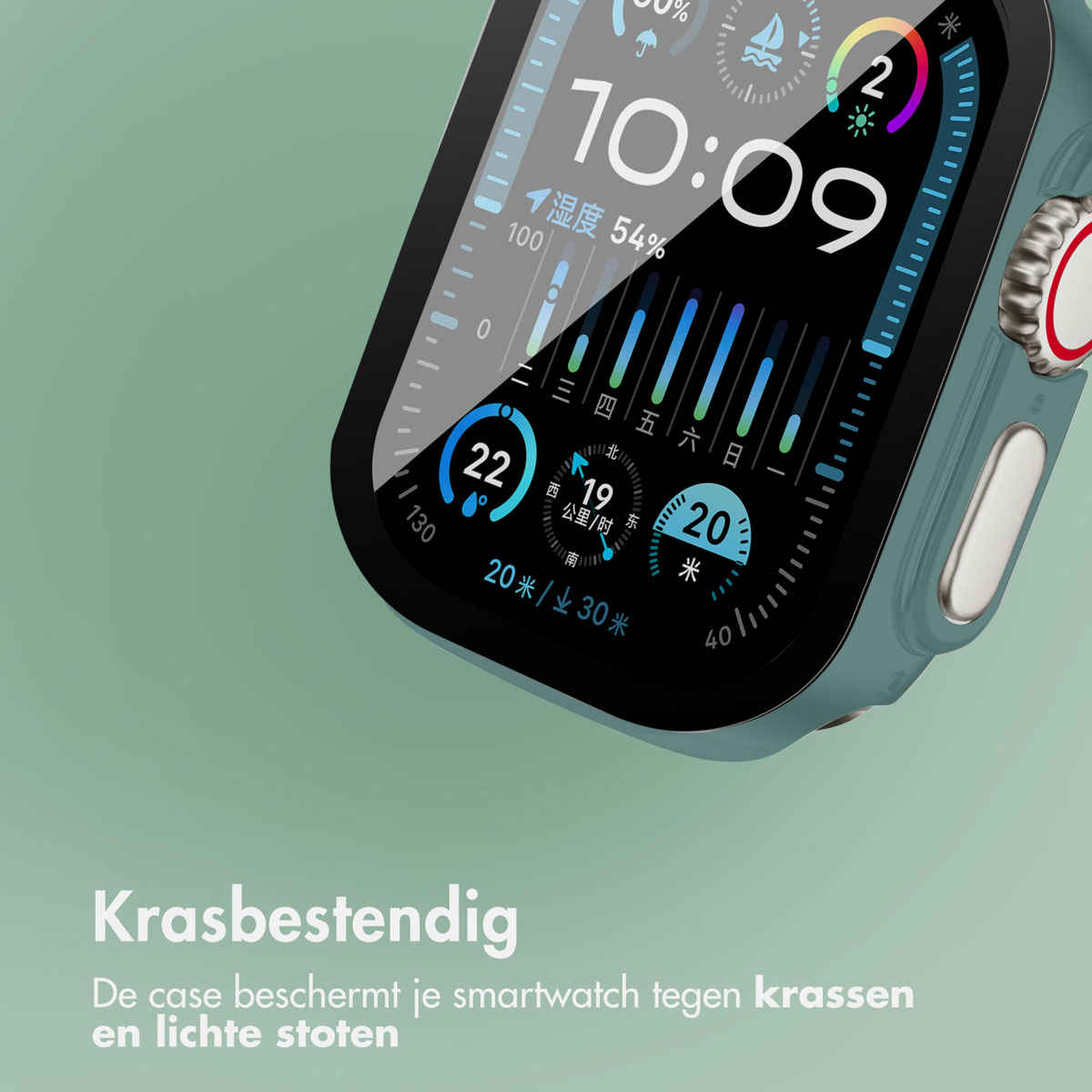 Smartwatch with a blue-green case showing the time and health data. Text 'Krasbestendig'.