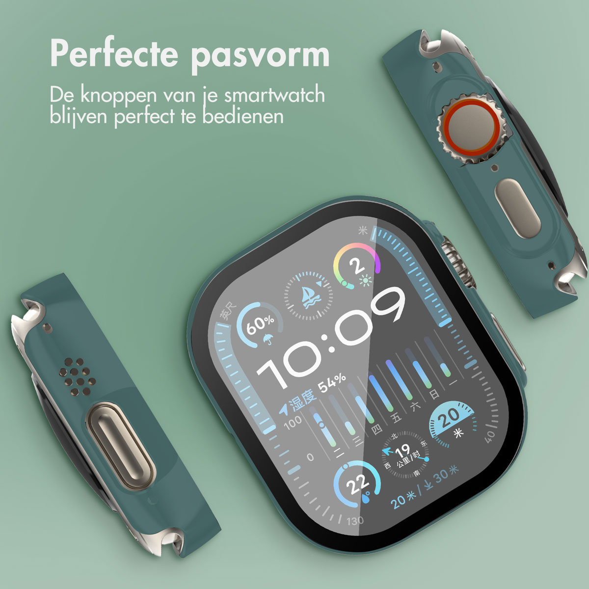 A smartwatch with a teal case, and two teal tool attachments. Green background.