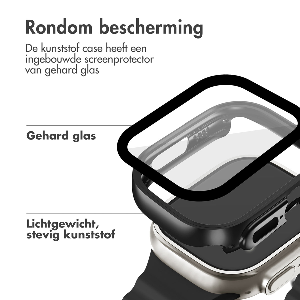 A watch case is shown, with text describing it. It features a screen protector.