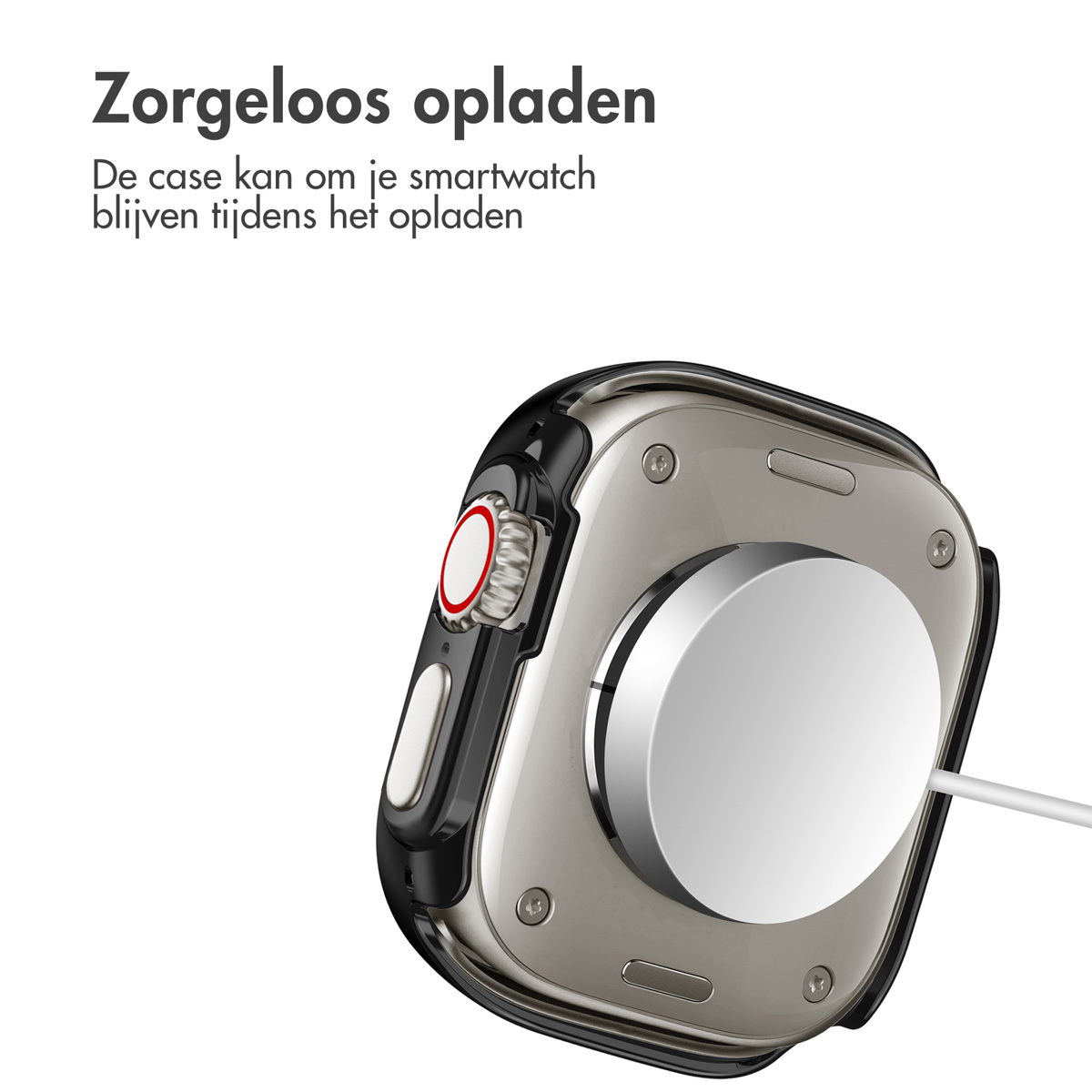 A smartwatch is charging on a white circular charger. Text: 'Zorgeloos opladen'.
