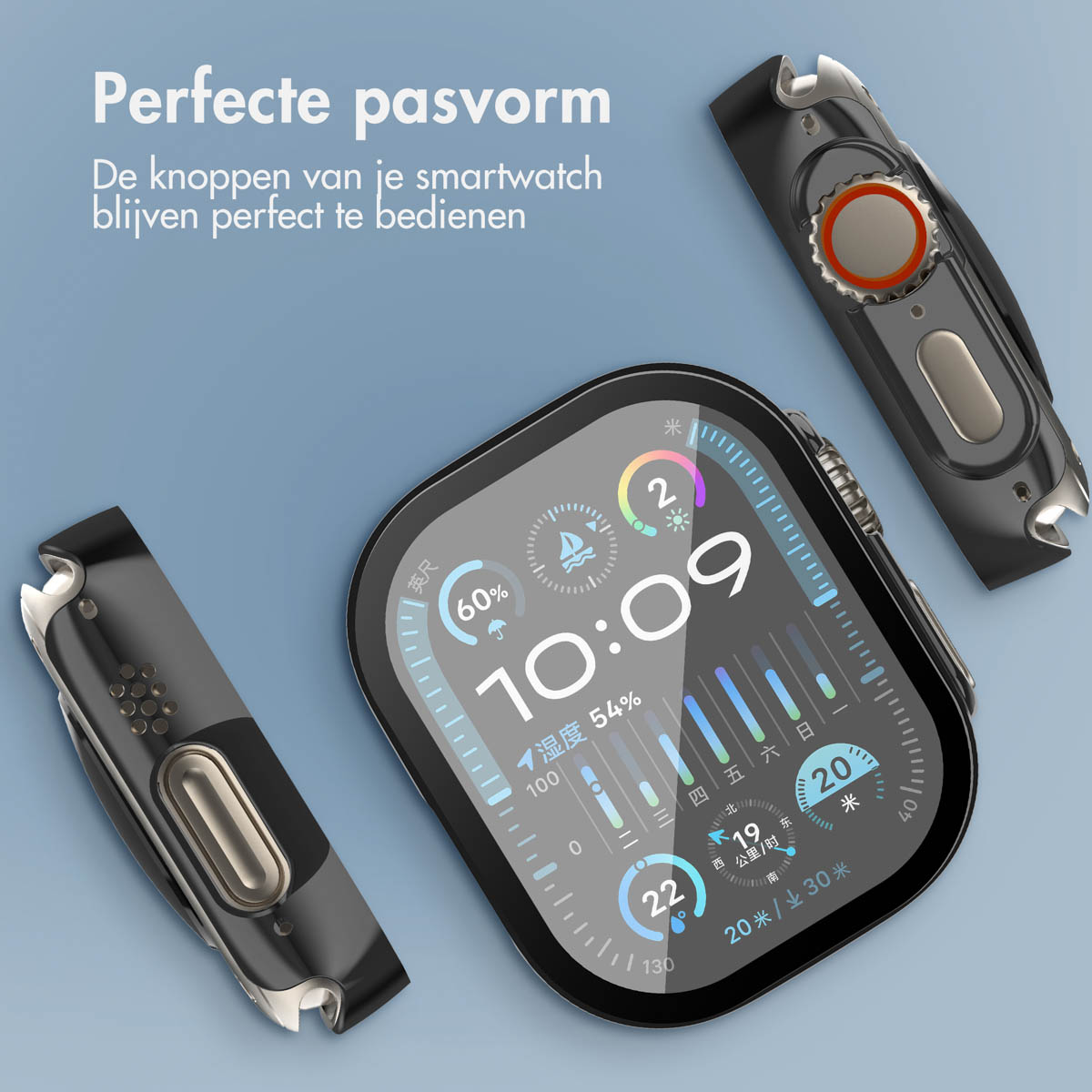 Smartwatch with two black watch bands and a close-up of the display.