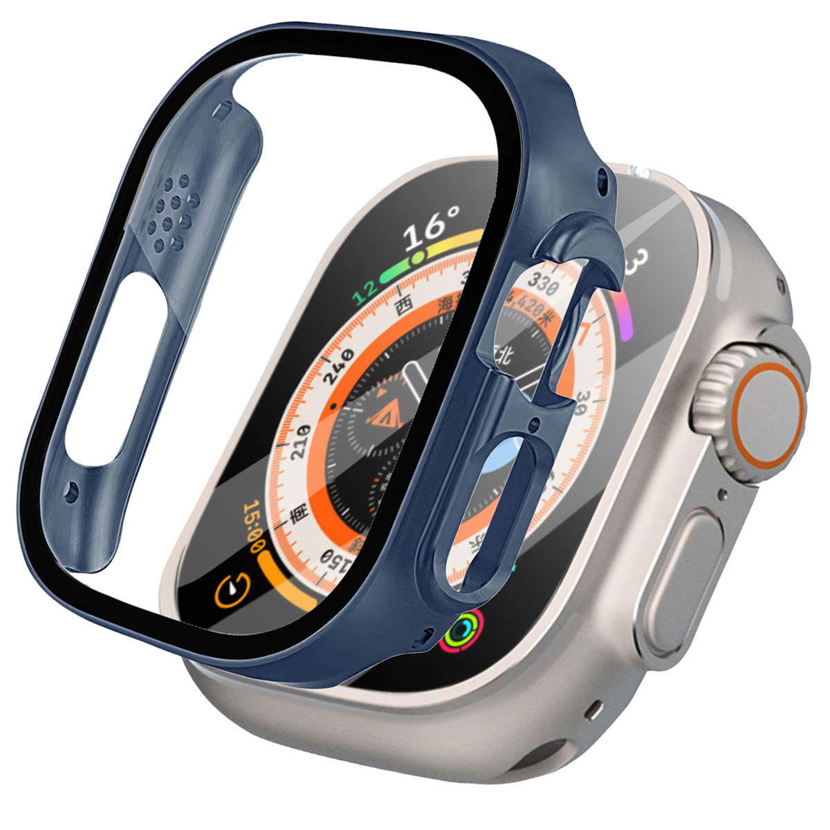 A blue case protects an Apple Watch. The watch face shows a compass and time.
