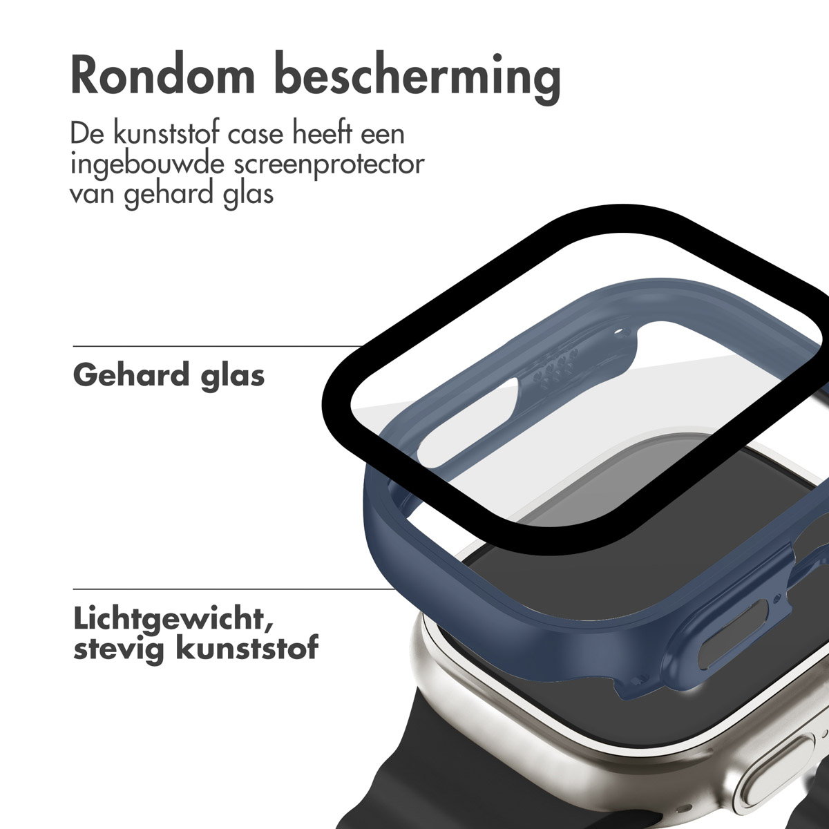 Watch screen with a protective case, text, and a blue layer over the screen.