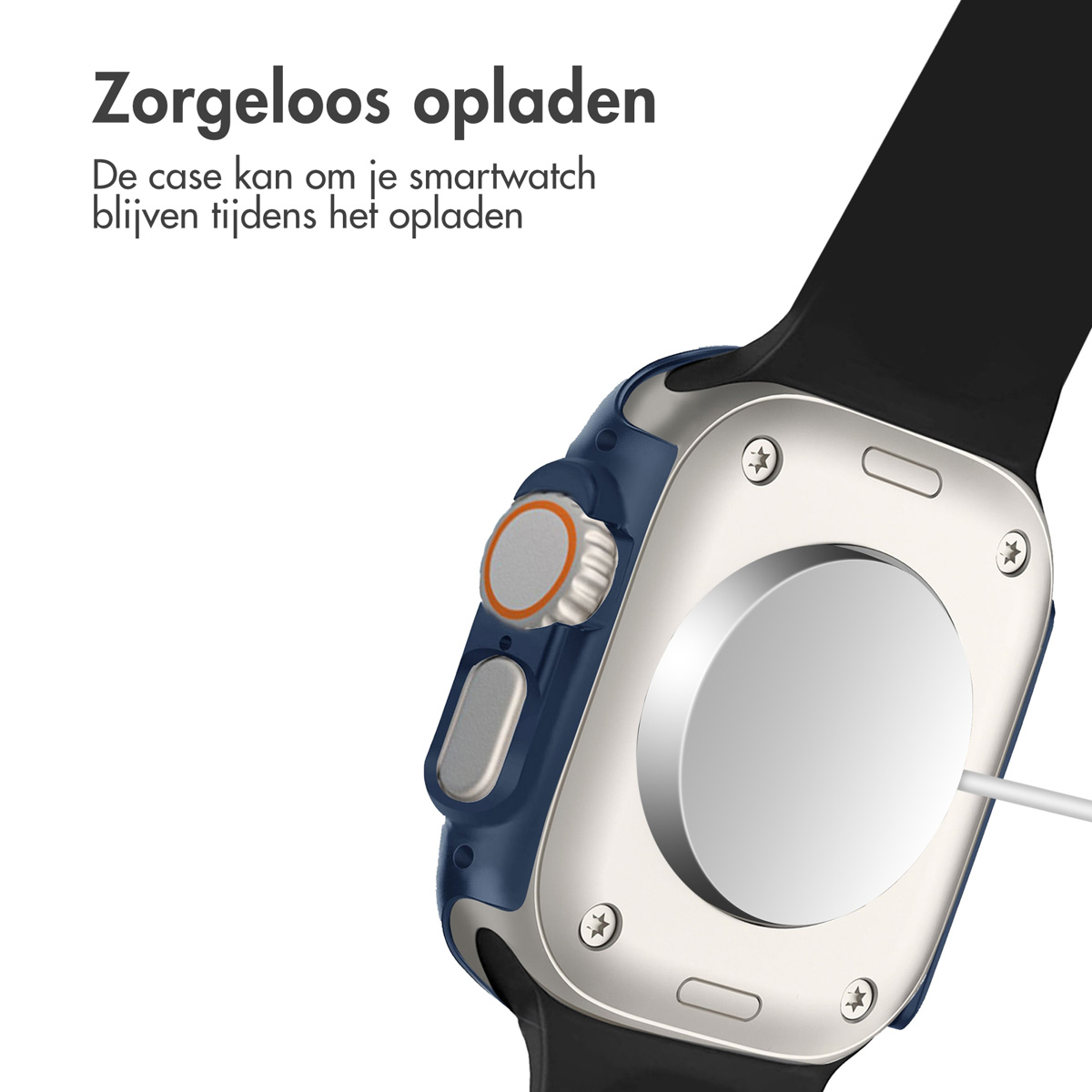 A smartwatch is connected to a charger. The watch is blue and silver.