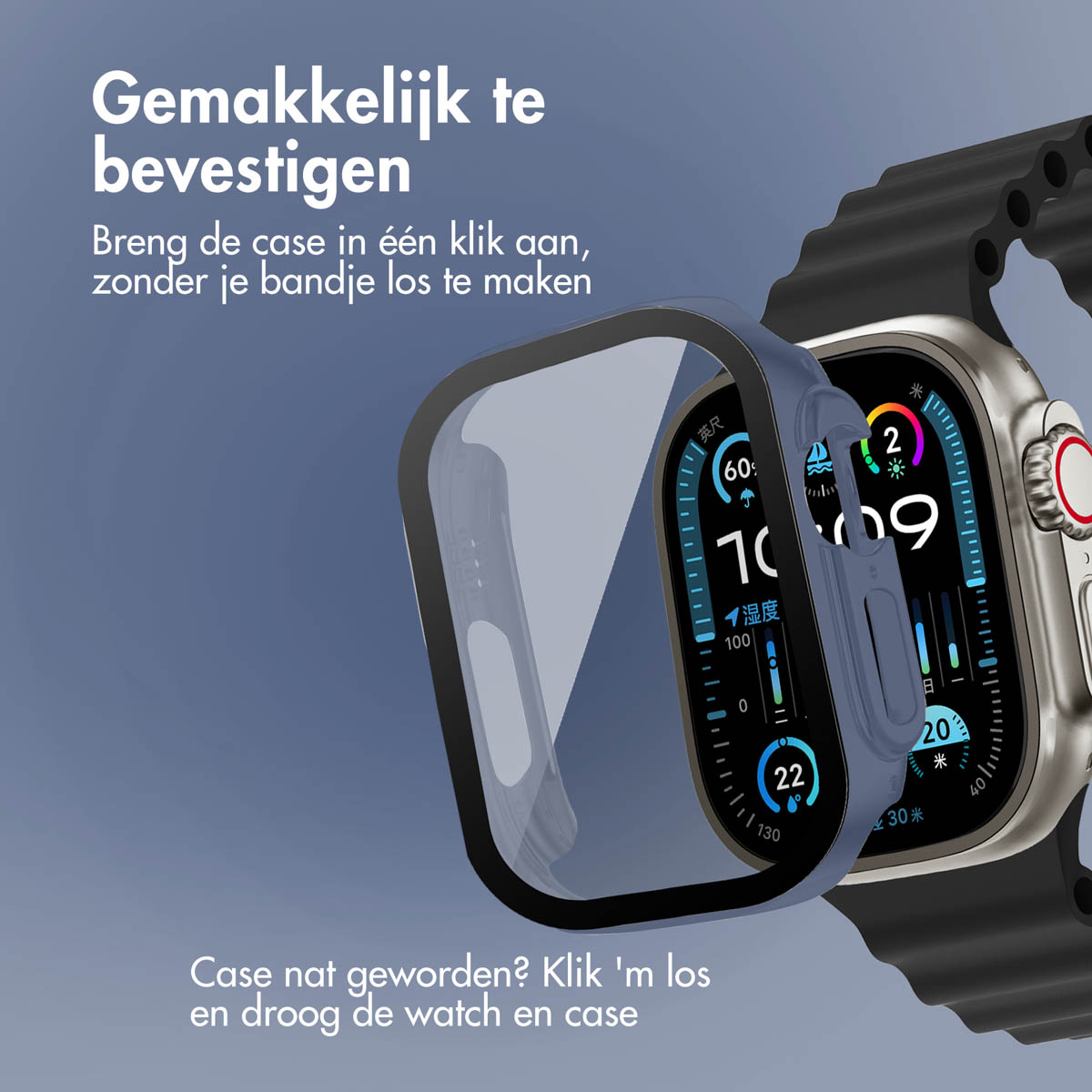 Watch with protective case. Case is blue and clear. Watch face shows data. Text in Dutch.