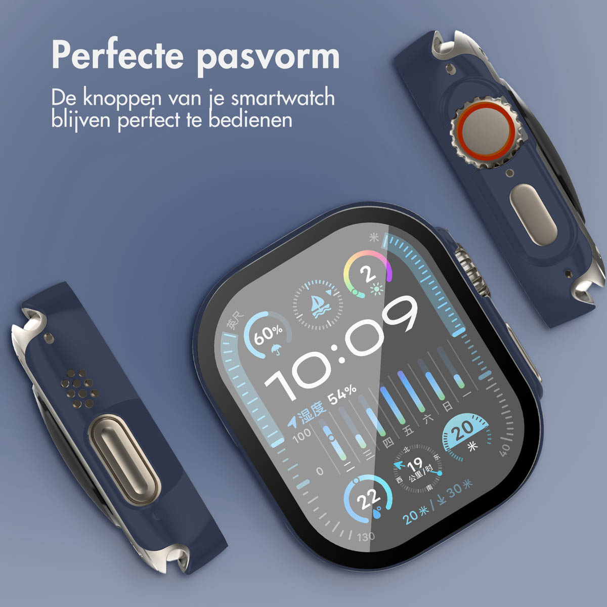 A smartwatch with a navy case, and two navy tool attachments. Blue background.