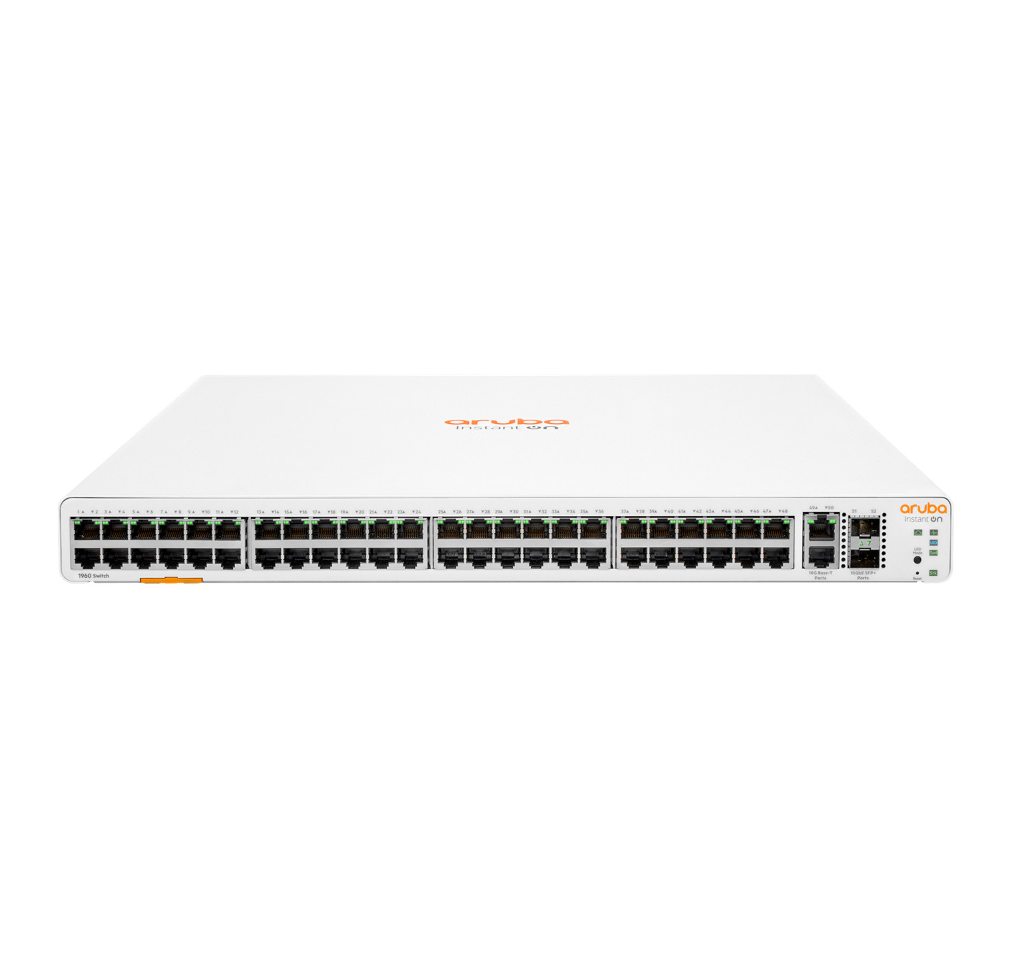 Witte Aruba-netwerkswitch met veel poorten, op een witte achtergrond.