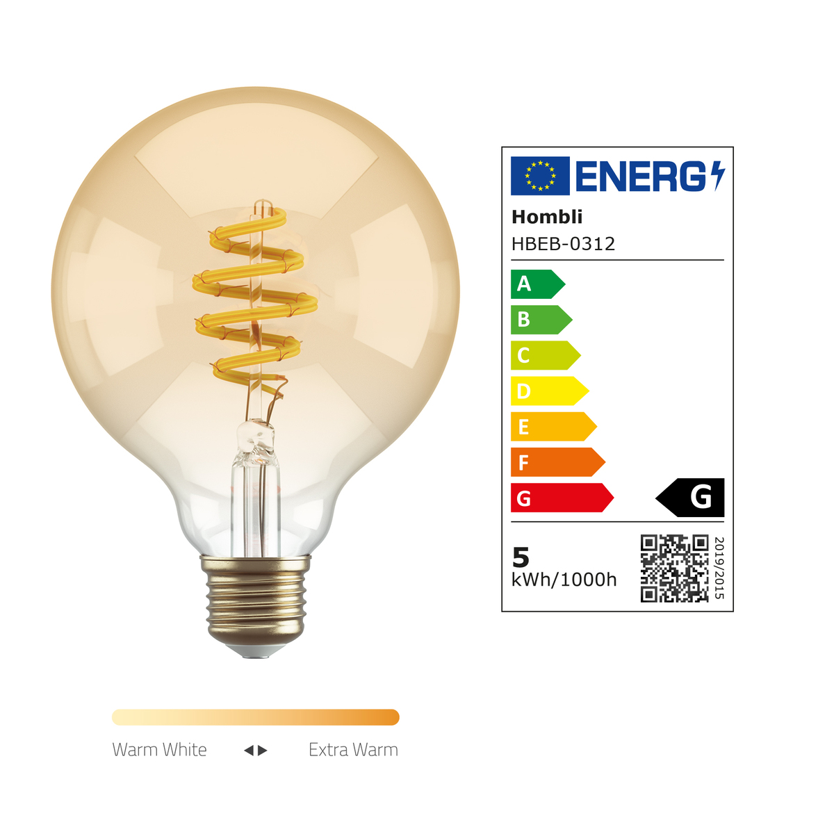Une ampoule avec un filament en spirale et une étiquette d'efficacité énergétique, couleur blanc chaud.