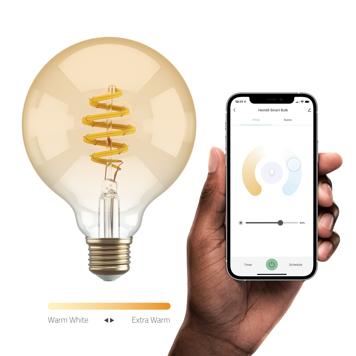 Grosse ampoule ronde avec un filament en spirale. Un smartphone affiche les réglages de la lumière.