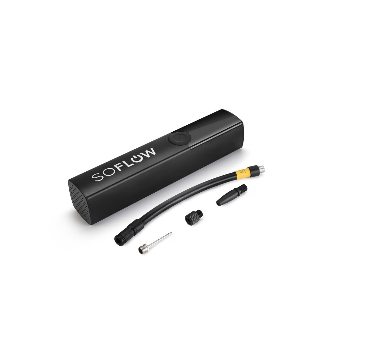 Pompe portable SOFLOW noire avec accessoires. Fond blanc.