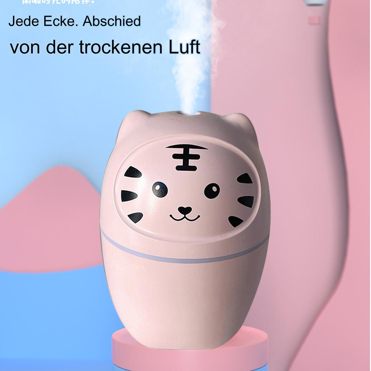 Rosa Tiger-Luftbefeuchter mit Dampf. Text auf Deutsch. Rosa und blauer Hintergrund.