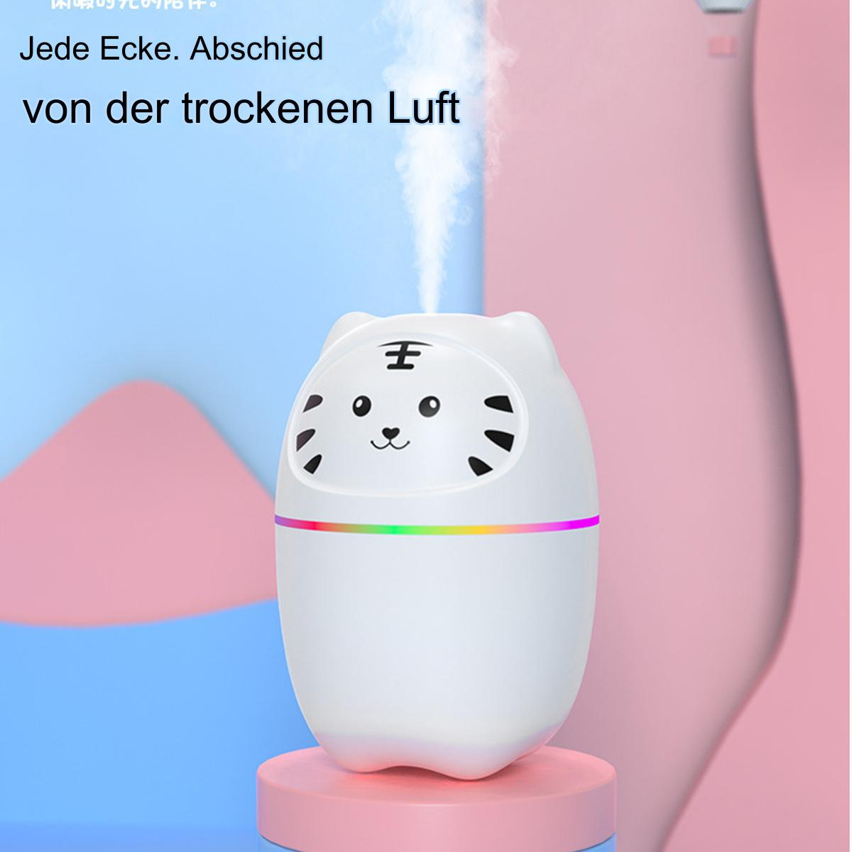 Ein weißer, tigerförmiger Luftbefeuchter mit farbigem Sockel, Dampfausstoß und Text auf rosa Hintergrund.