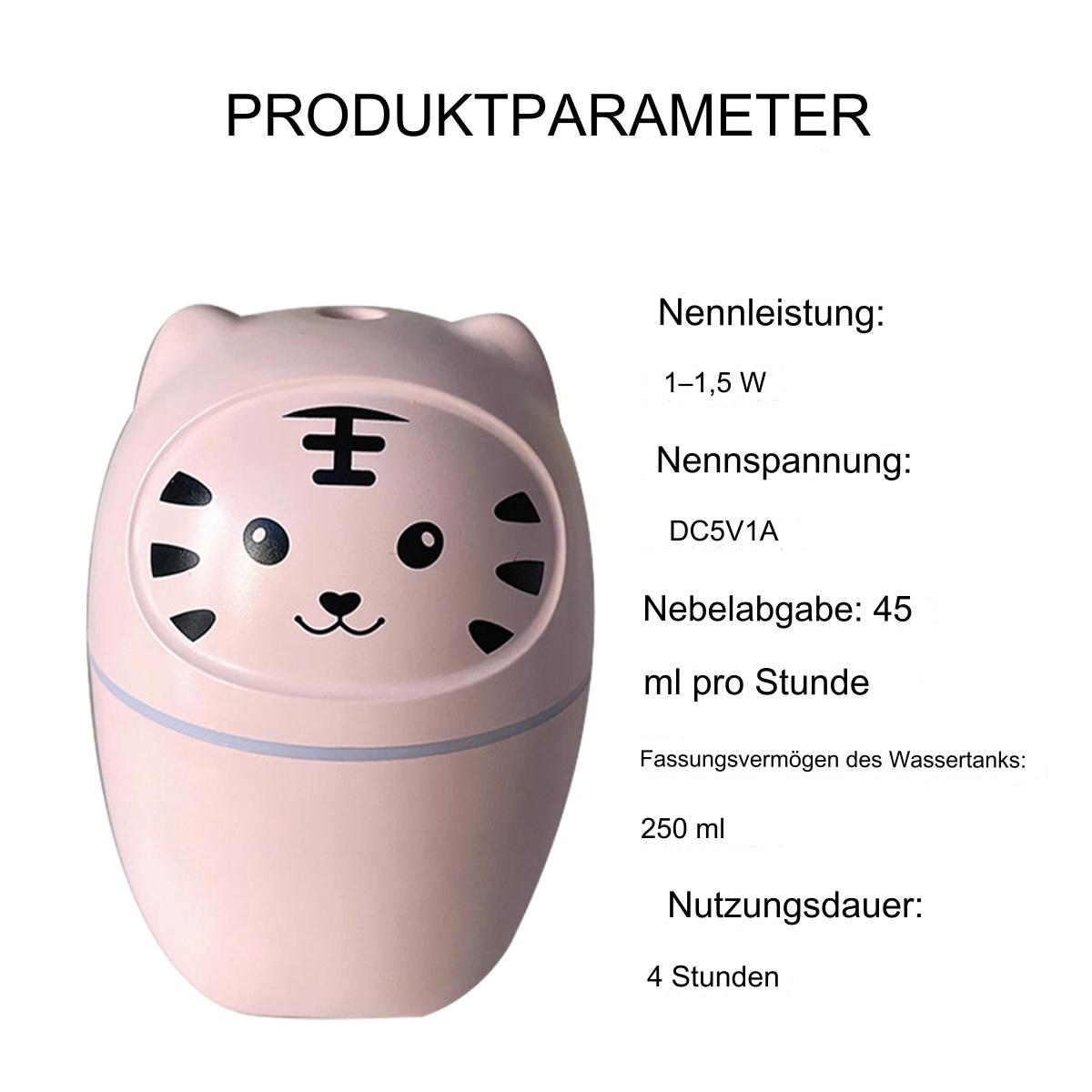 Rosa katzenförmiger Luftbefeuchter mit Parametern: 1-1,5 W, DC5V1A, 45 ml/Stunde, 250 ml, 4 Stunden.