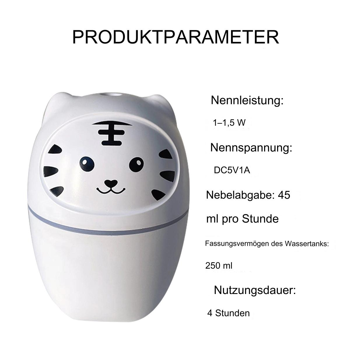 Weißer tigerförmiger Luftbefeuchter mit Text und Details.