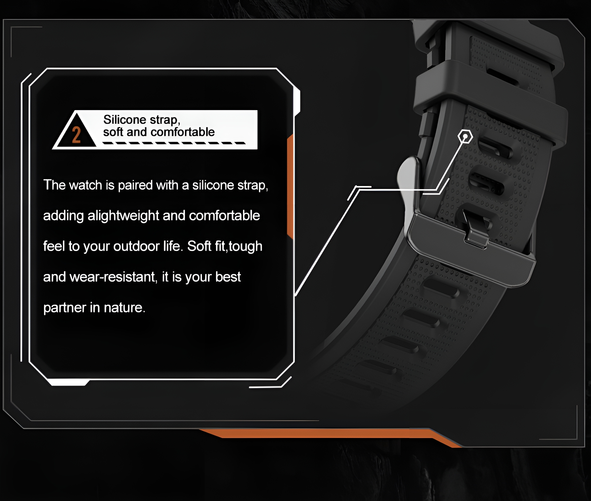 Nahaufnahme eines schwarzen Armbands mit Schnalle und Beschreibung: 'Silikonarmband, weich und bequem'.