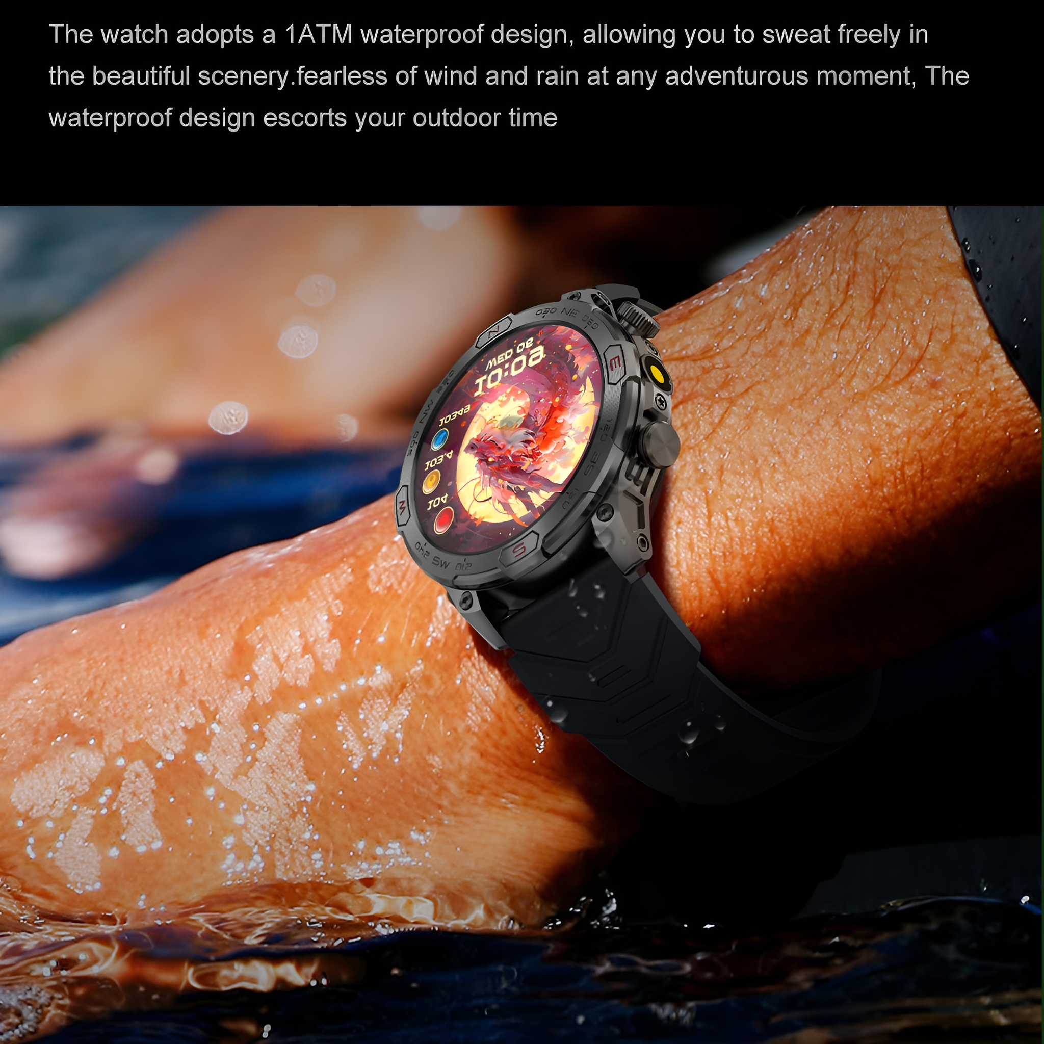 Schwarze Smartwatch am Handgelenk, zeigt die Uhrzeit. Schwarzes Armband und Lünette.