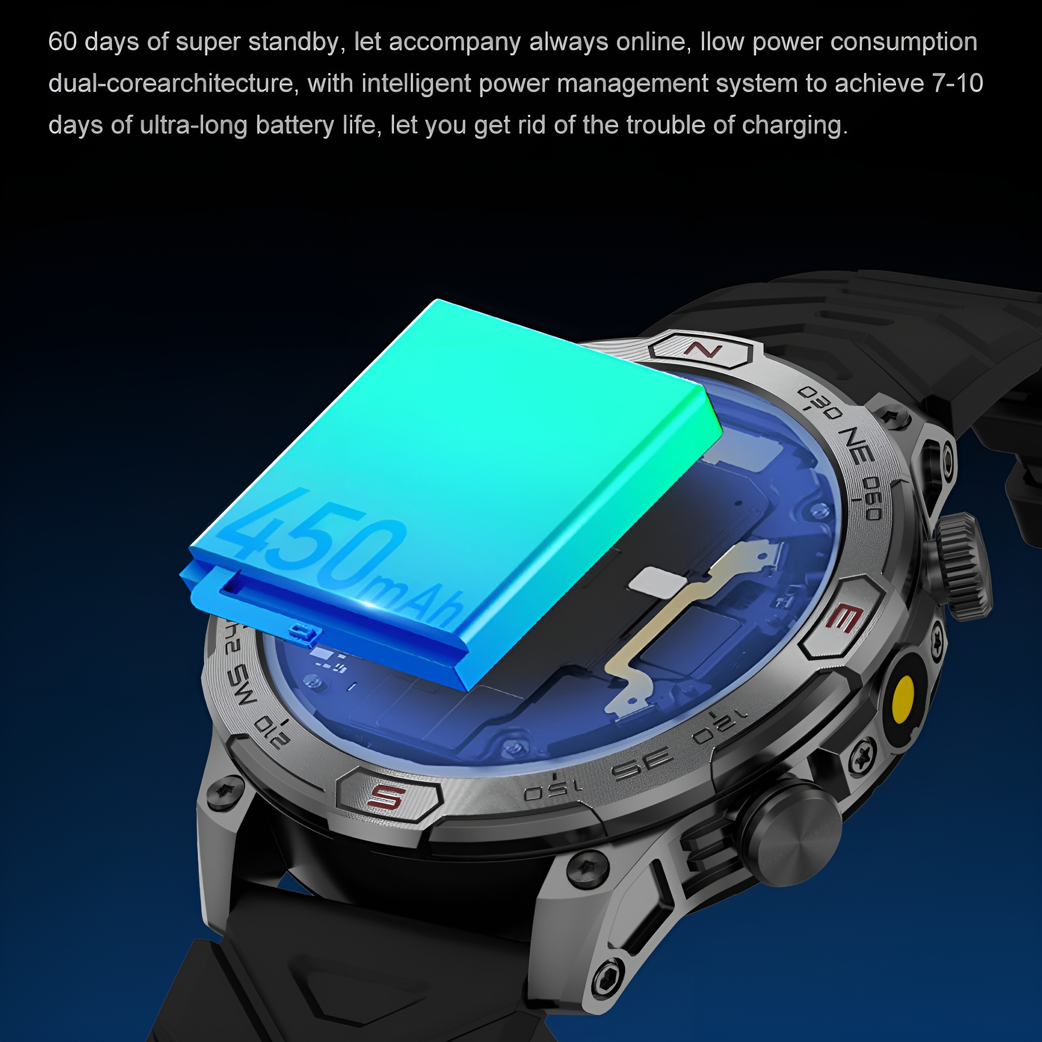 Silberne Smartwatch mit schwarzem Armband, Batterielebensdauer sichtbar. Blauer Hintergrund.