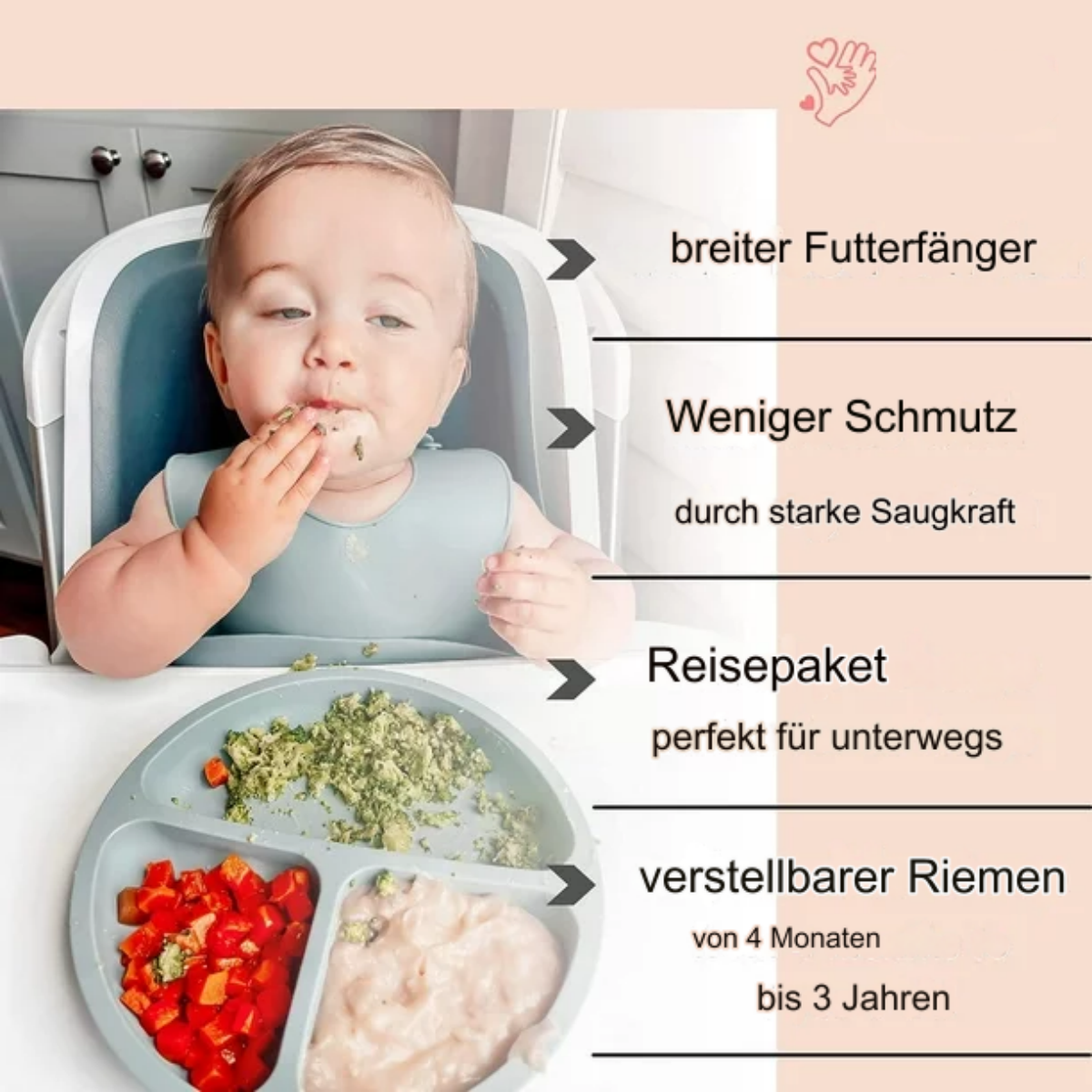 Ein Baby isst von einem Teller mit Essen, mit Text über einen Essensfänger.