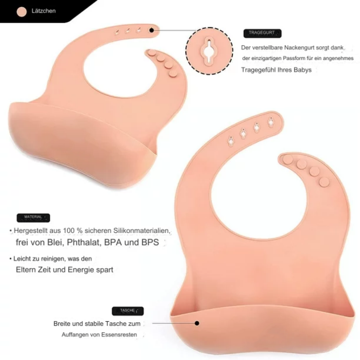 Rosa Baby-Lätzchen mit Taschen und verstellbarem Nackenband. Text und Pfeile.