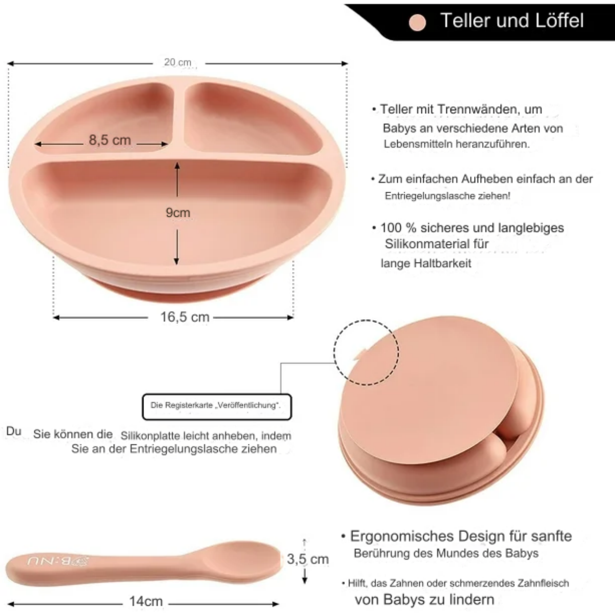 Ein rosa geteilter Teller und Löffel mit Abmessungen und Text auf Deutsch. Für Babynahrung.