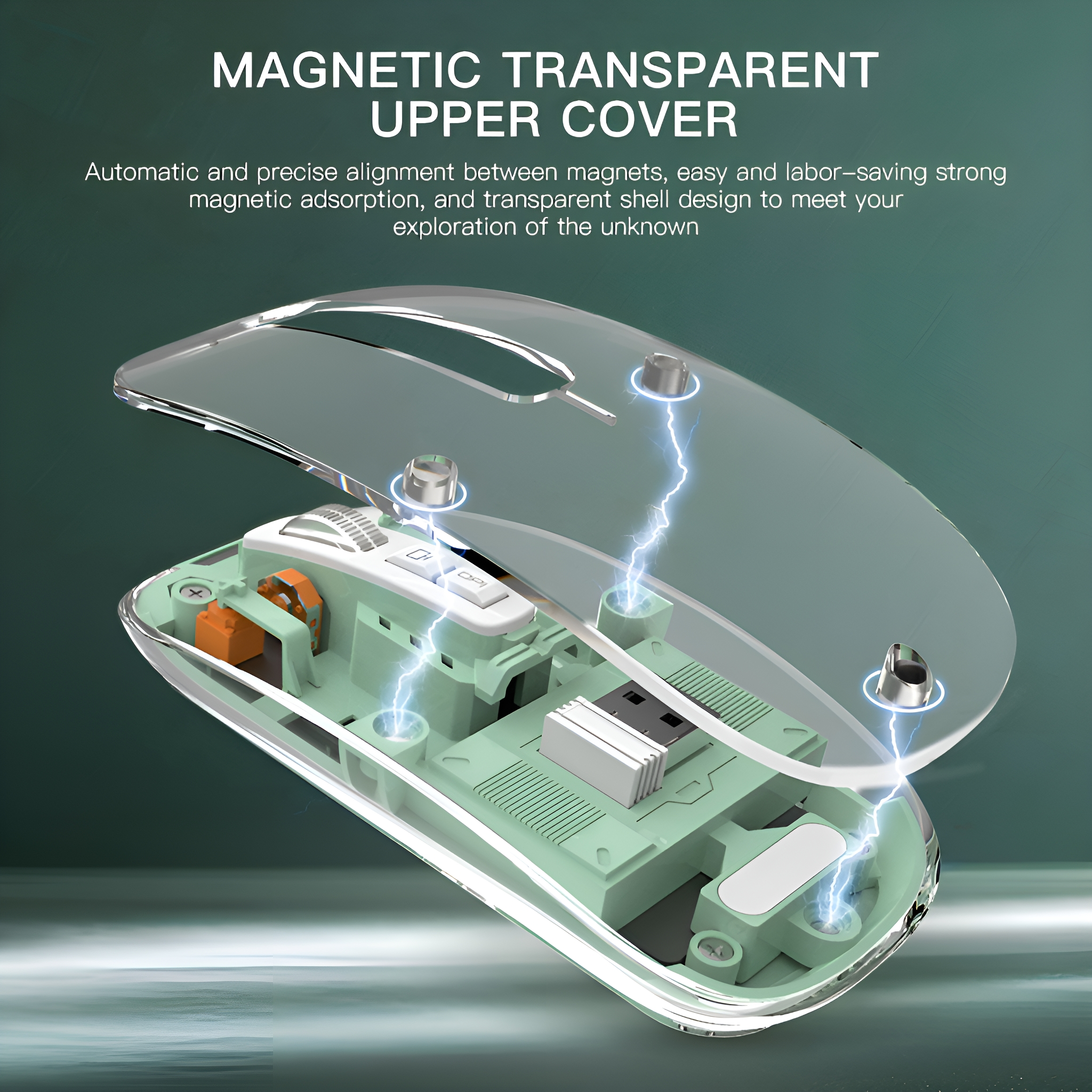 Transparente Maus, die interne Komponenten mit Lichtbögen freilegt.