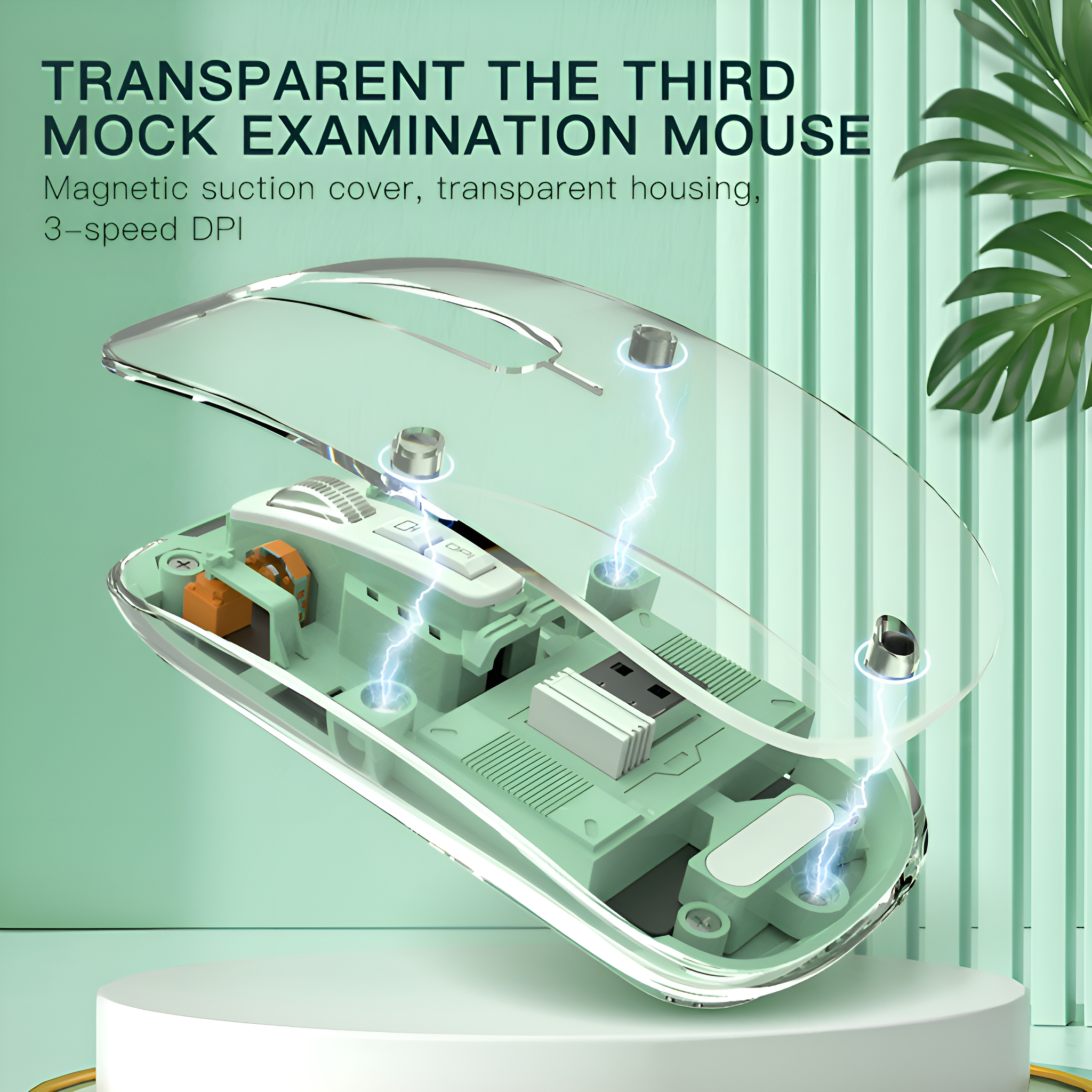 Transparente Maus mit Innenteilen, grüner Basis und Lichtbögen.