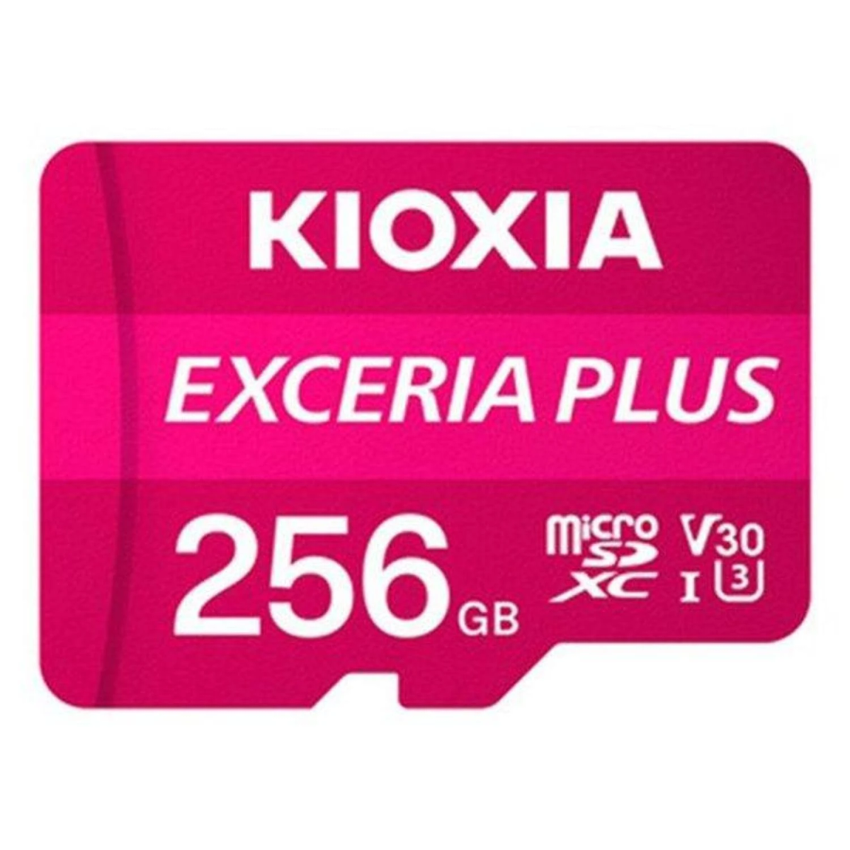 Una scheda Micro SD KIOXIA EXCERIA PLUS rosa con 256 GB e altri dettagli.