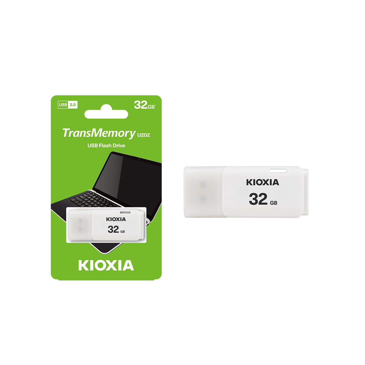 Pendrive KIOXIA TransMemory, w opakowaniu, jest biały i ma pojemność 32 GB.