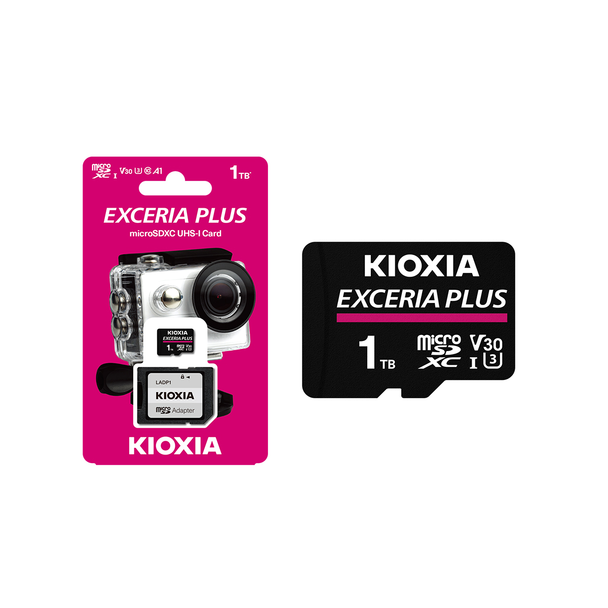 Scheda SD e adattatore Kioxia Exceria Plus. Confezione nera e rosa. Sfondo bianco.