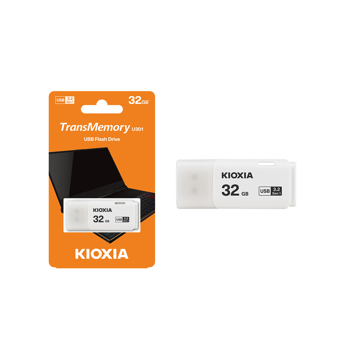 Pendrive USB i opakowanie na białym tle.