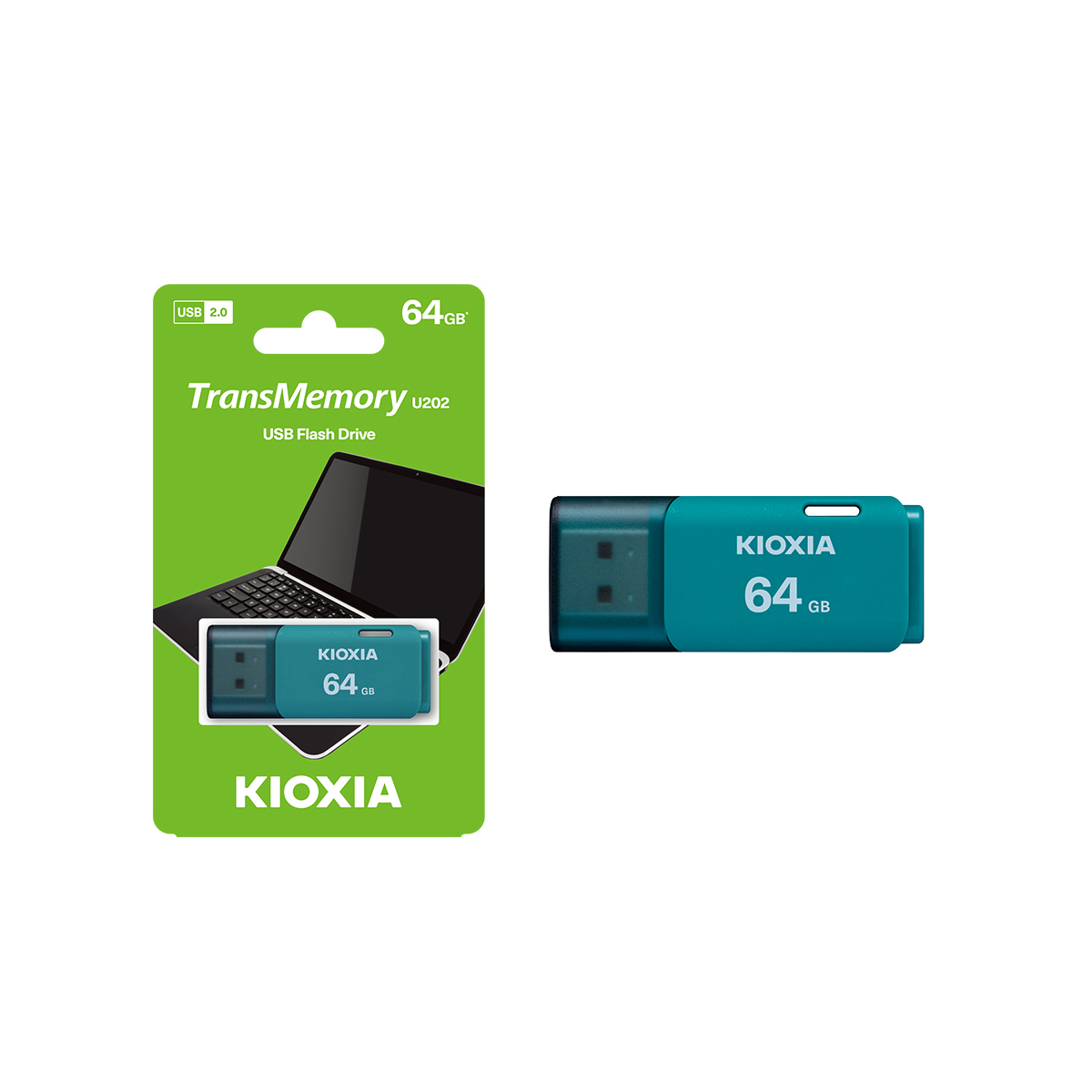 Pamięć flash USB w zielonym opakowaniu, z ilustracją laptopa i niebieskim pendrivem.