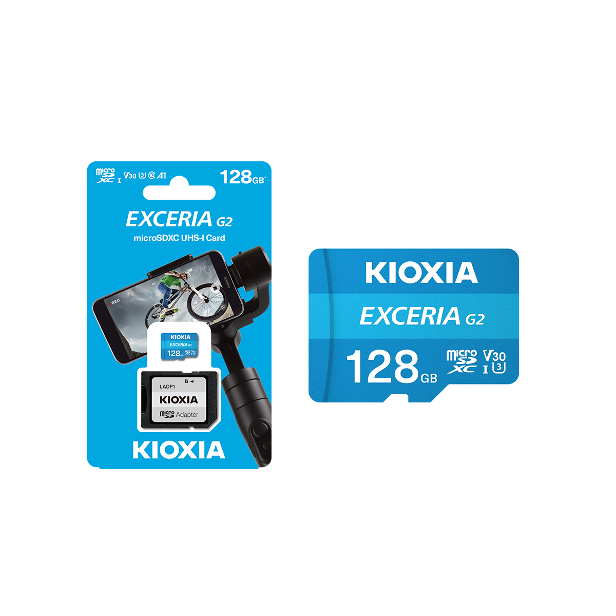 Kioxia memory card package and card on a white background.