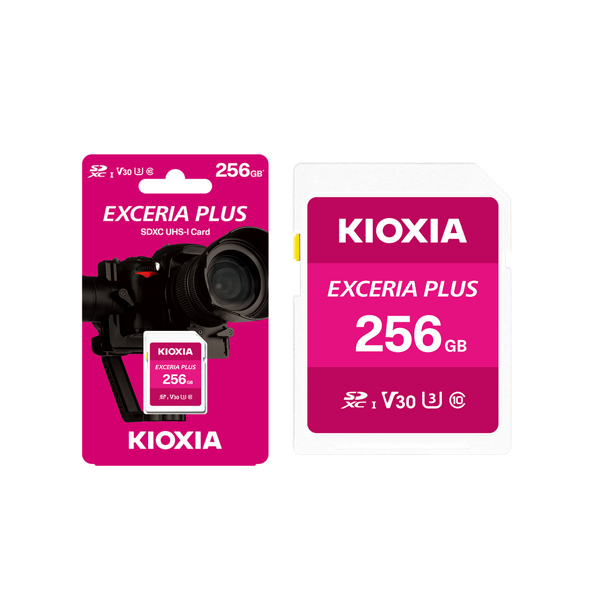 A KIOXIA SD card and its packaging. The card is white with pink text and the packaging is black with pink.