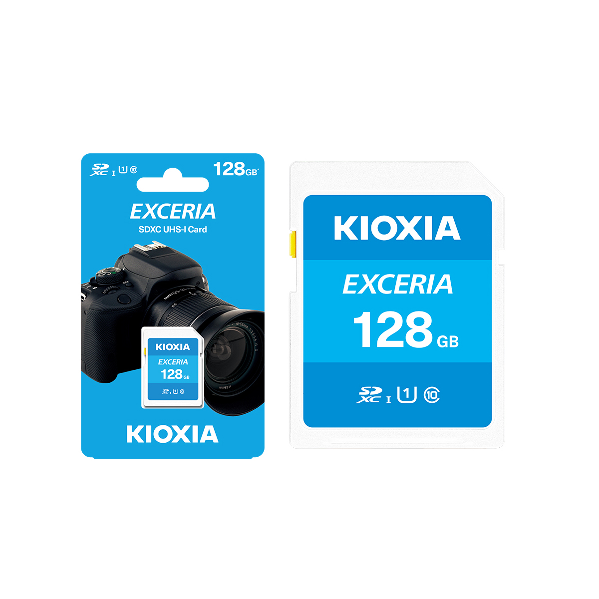 Una scheda SD KIOXIA da 128 GB e confezione, con un'illustrazione di una fotocamera.