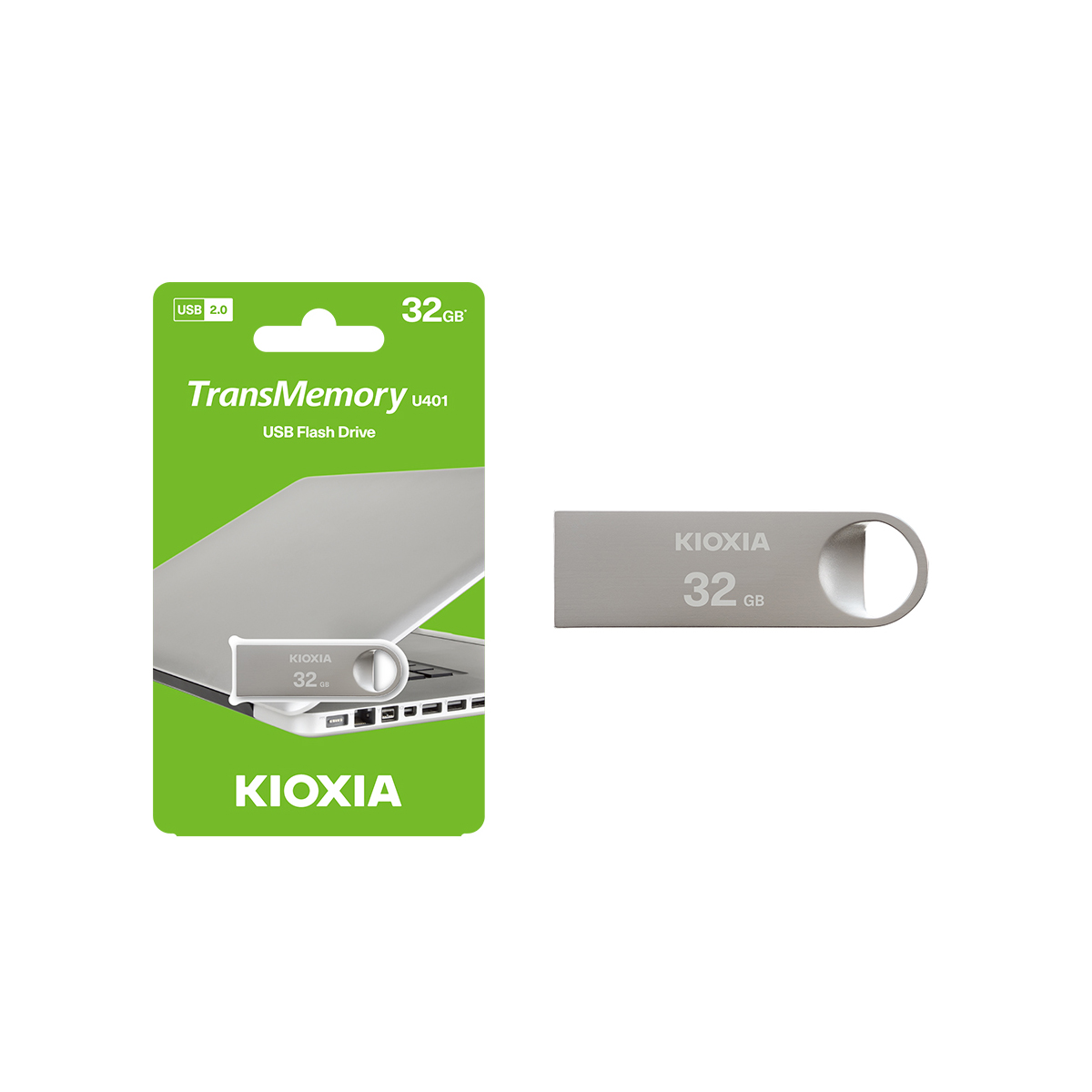 Confezione e unità flash USB Kioxia. La confezione è verde, l'unità è argentata e ha un logo.