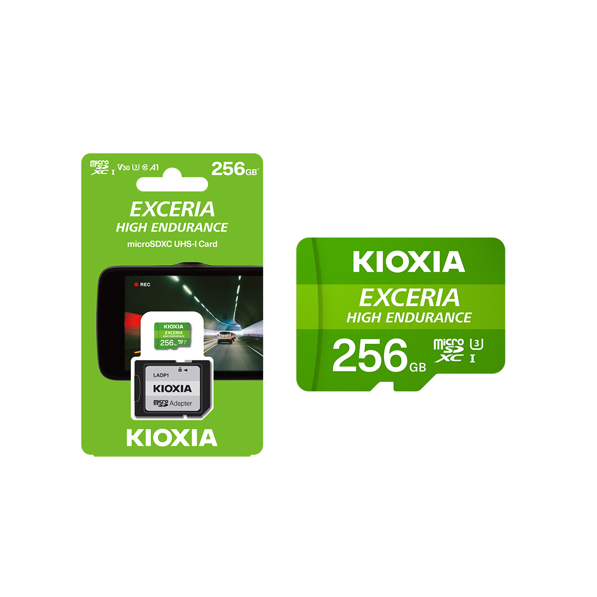 Scheda microSD Kioxia da 256 GB e confezione, con design verde e bianco.