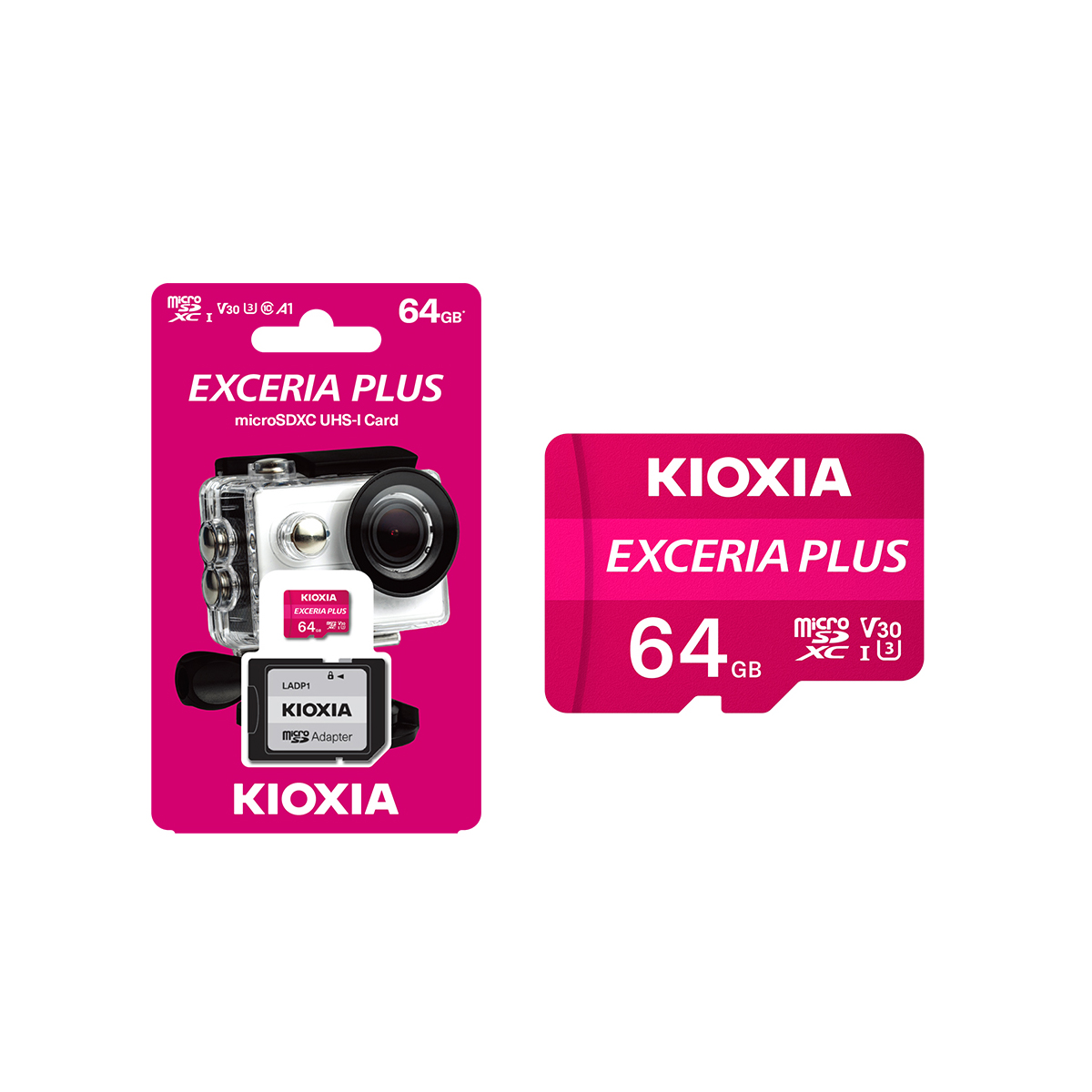 Una scheda microSD KIOXIA da 64 GB con fotocamera e adattatore, confezionata in rosa e nero.