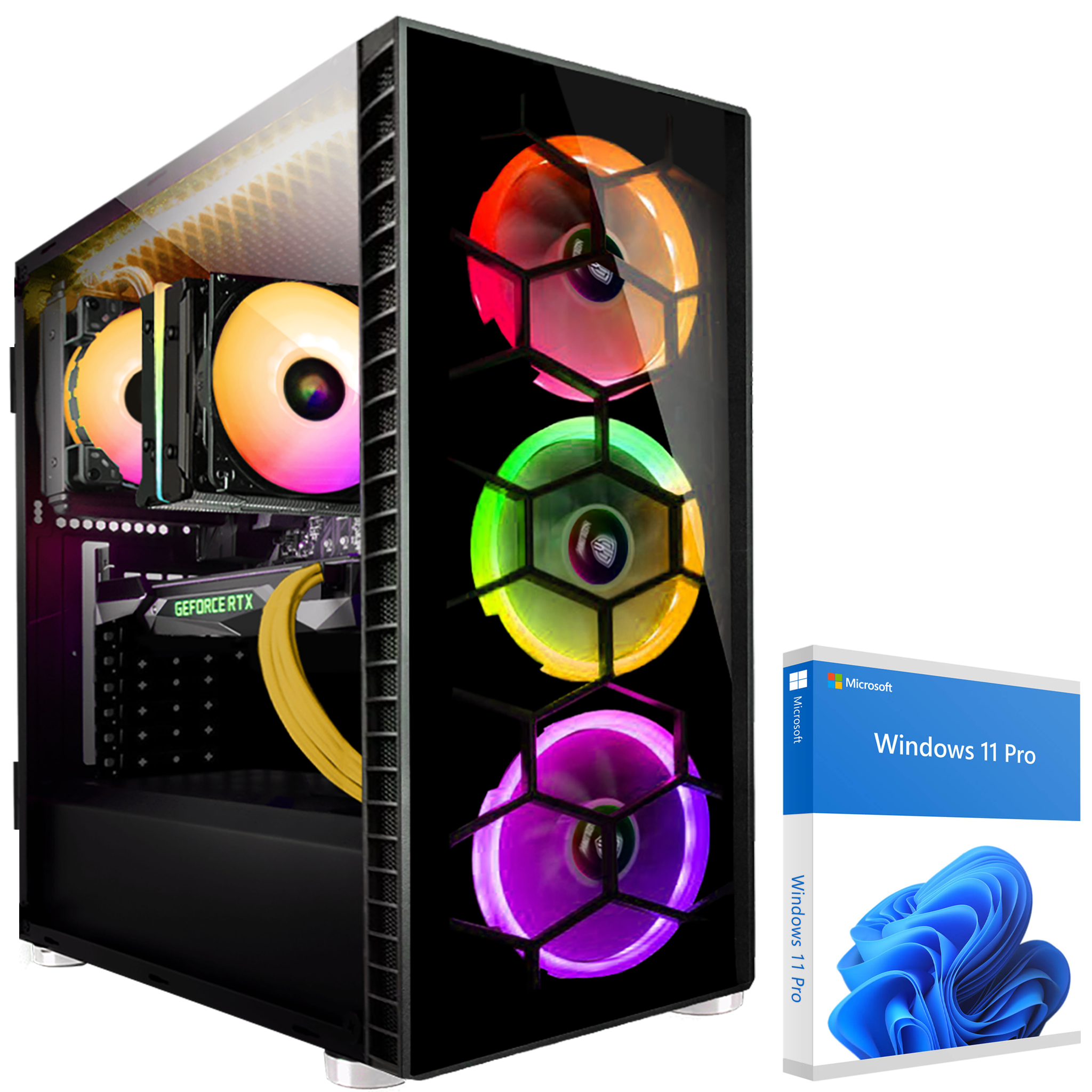 Ein schwarzes Computergehäuse mit bunten Lüftern. Daneben steht eine Windows 11 Pro-Box.