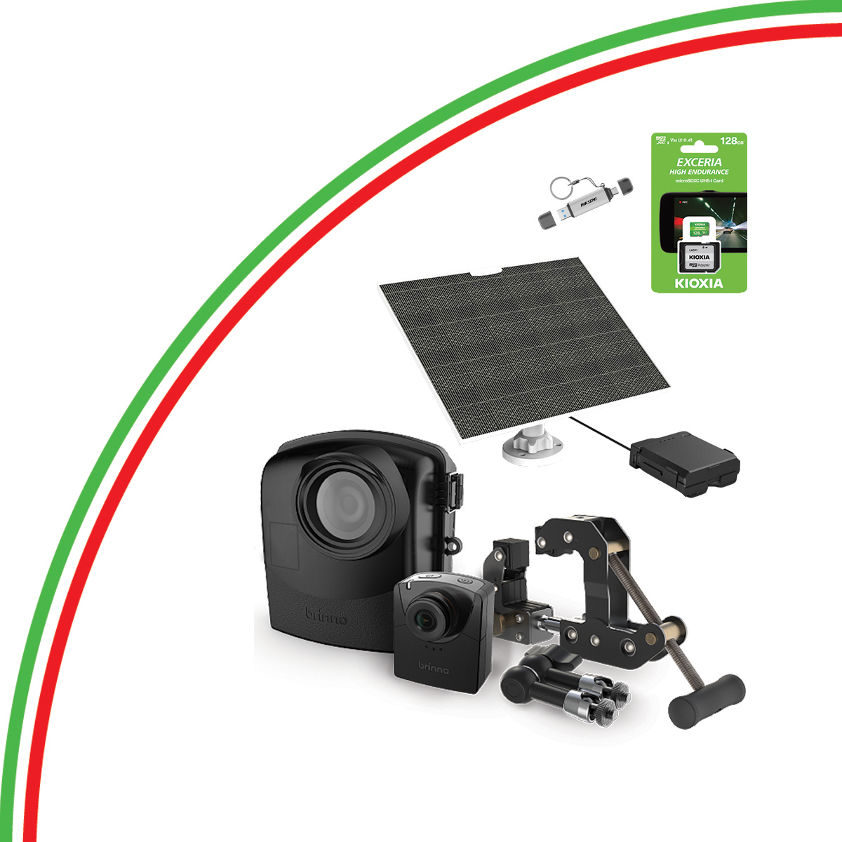 Assortimento di attrezzature fotografiche, tra cui una fotocamera e una scheda SD.
