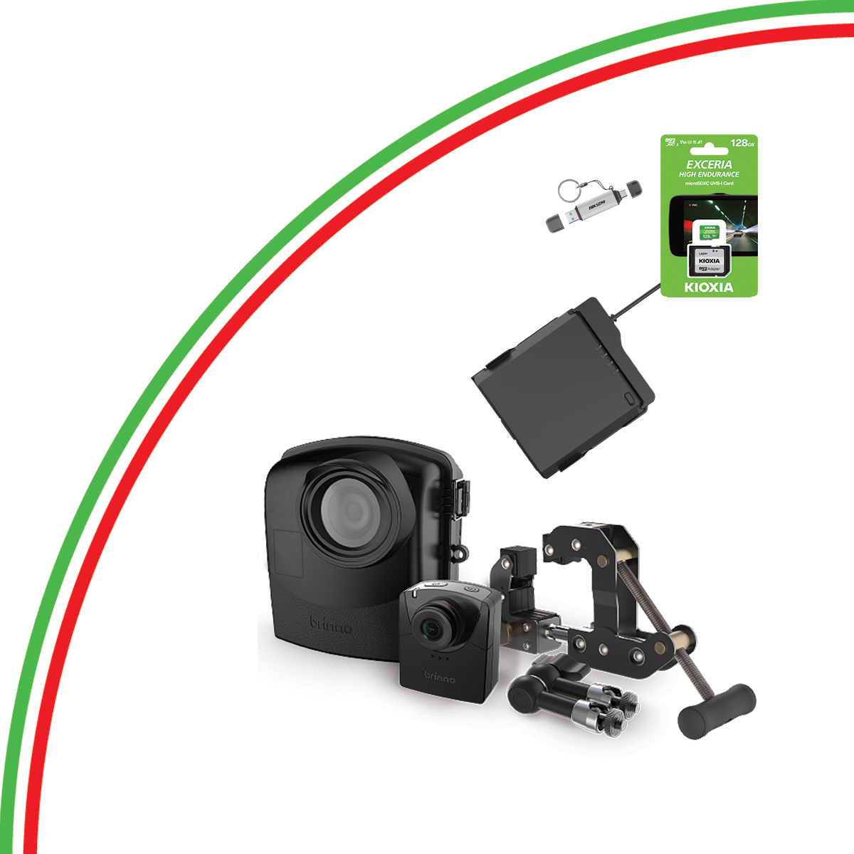 Varie attrezzature e accessori fotografici, con un bordo verde e rosso.