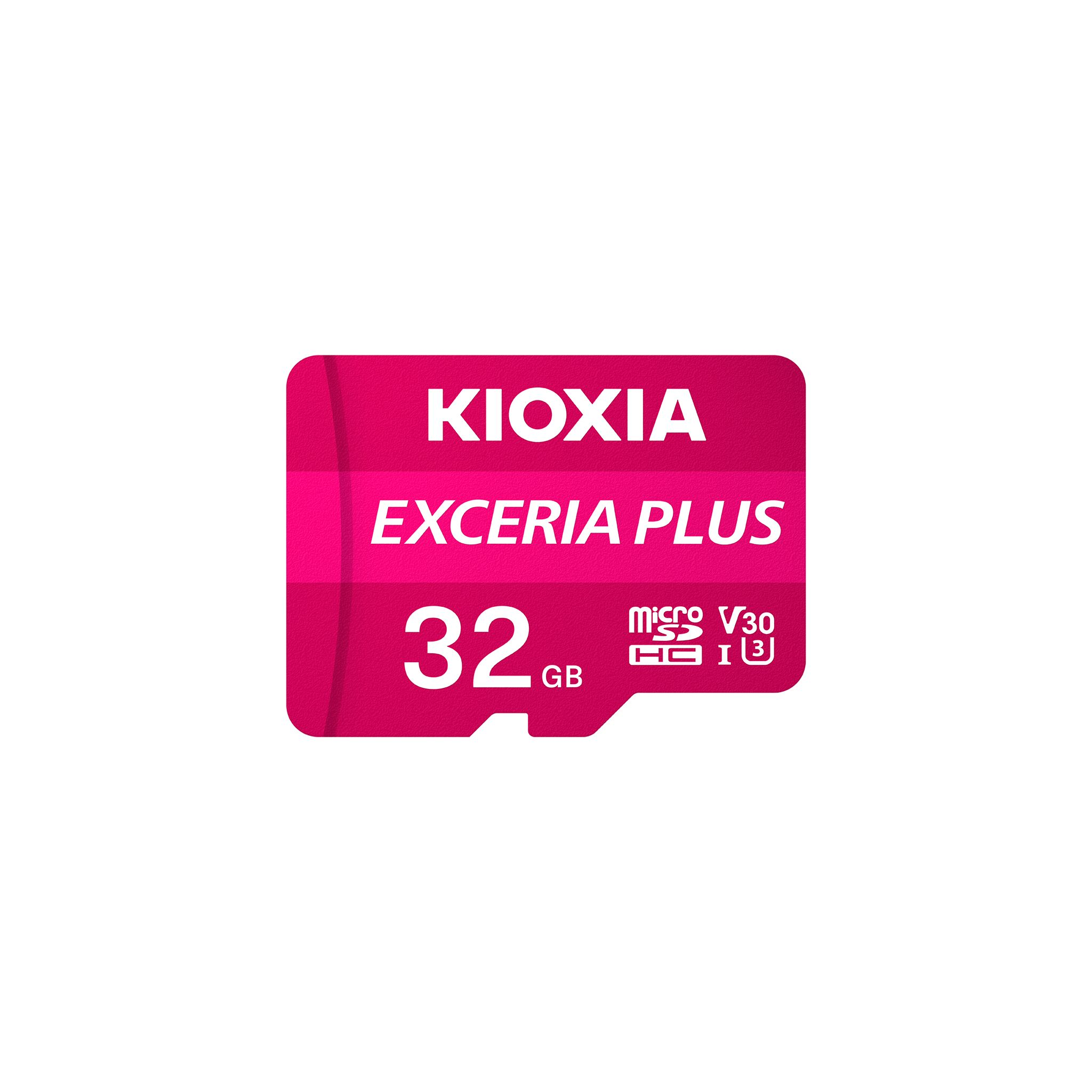 Scheda micro SD Kioxia da 32GB. È rosa e bianca, con classificazione V30.