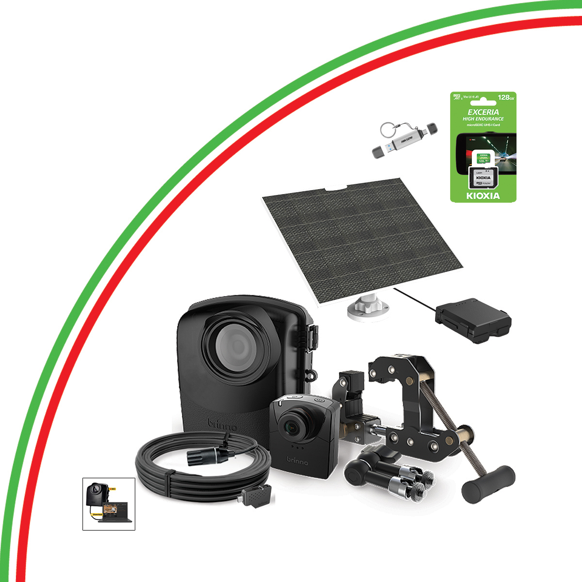 Vari articoli tecnologici: fotocamera, pannello solare, schede SD e accessori.