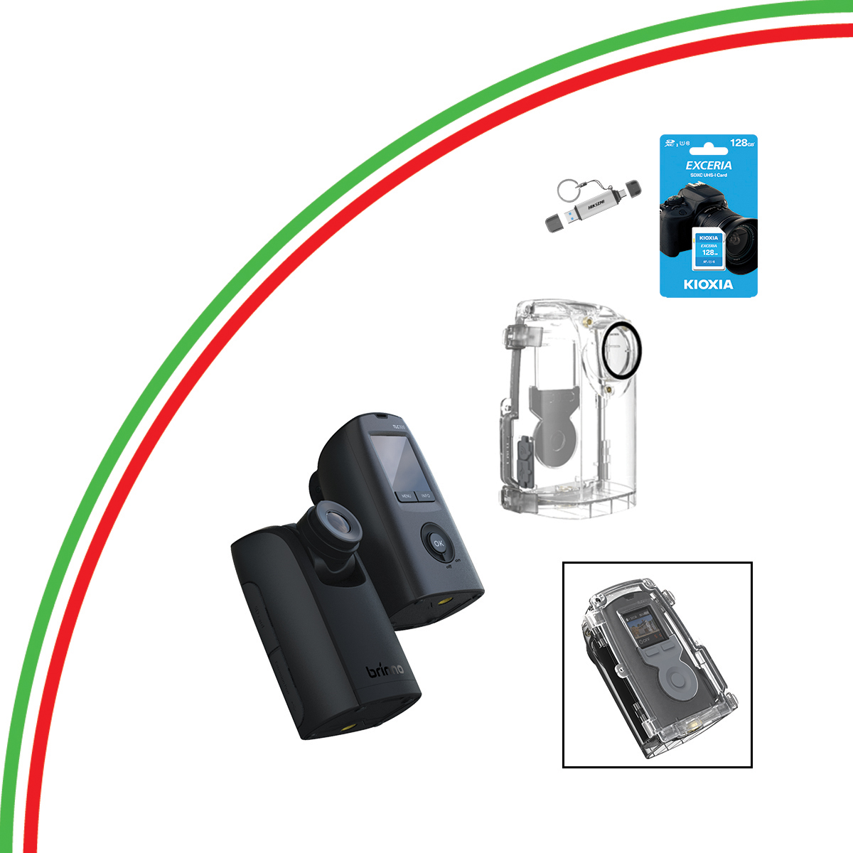 Diverse fotocamere nere con accessori e scheda SD.