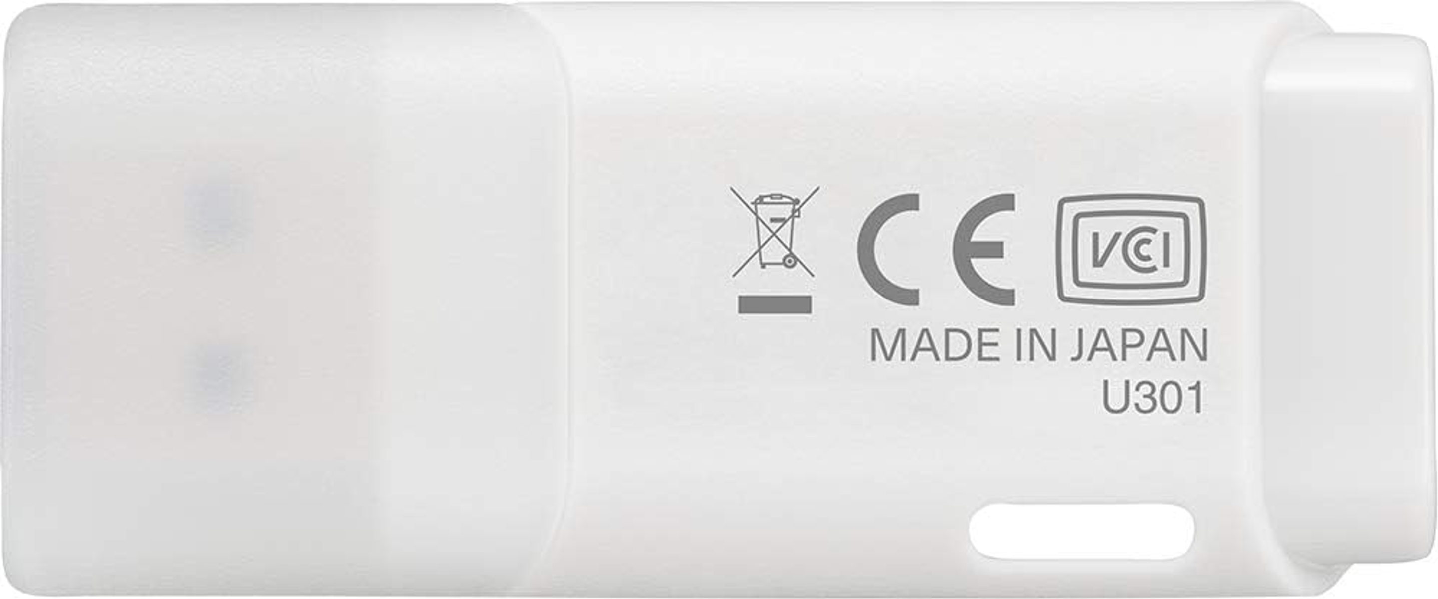 Biały pendrive z logo i tekstem: CE, VCI, Made in Japan i U301.